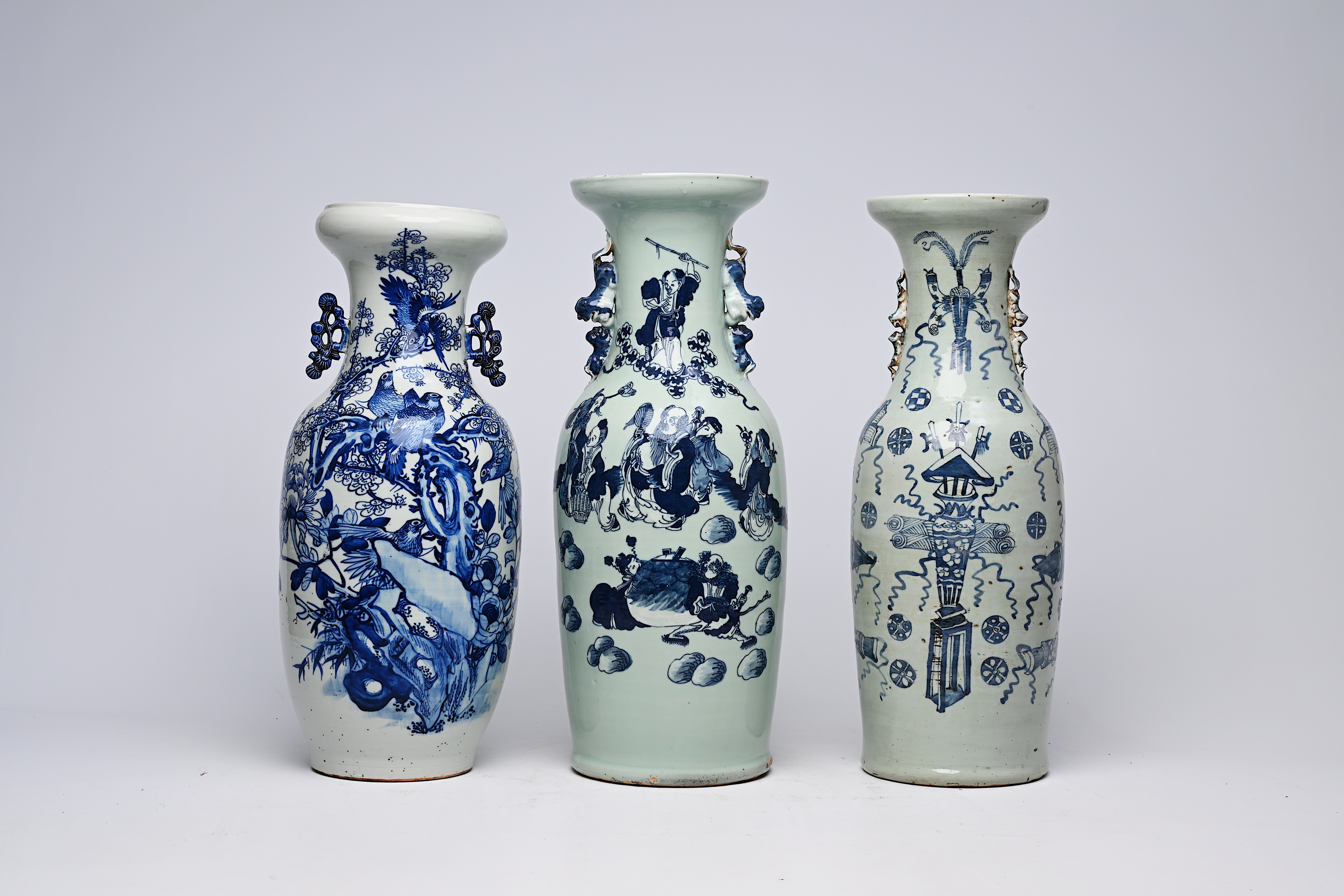 Three various Chinese blue and white celadon ground vases, 19th/20th C. - Image 2 of 16