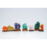 Seven various Chinese sculptures in red coral, lapis lazuli, malachite, quartz and soapstone, 19th/2