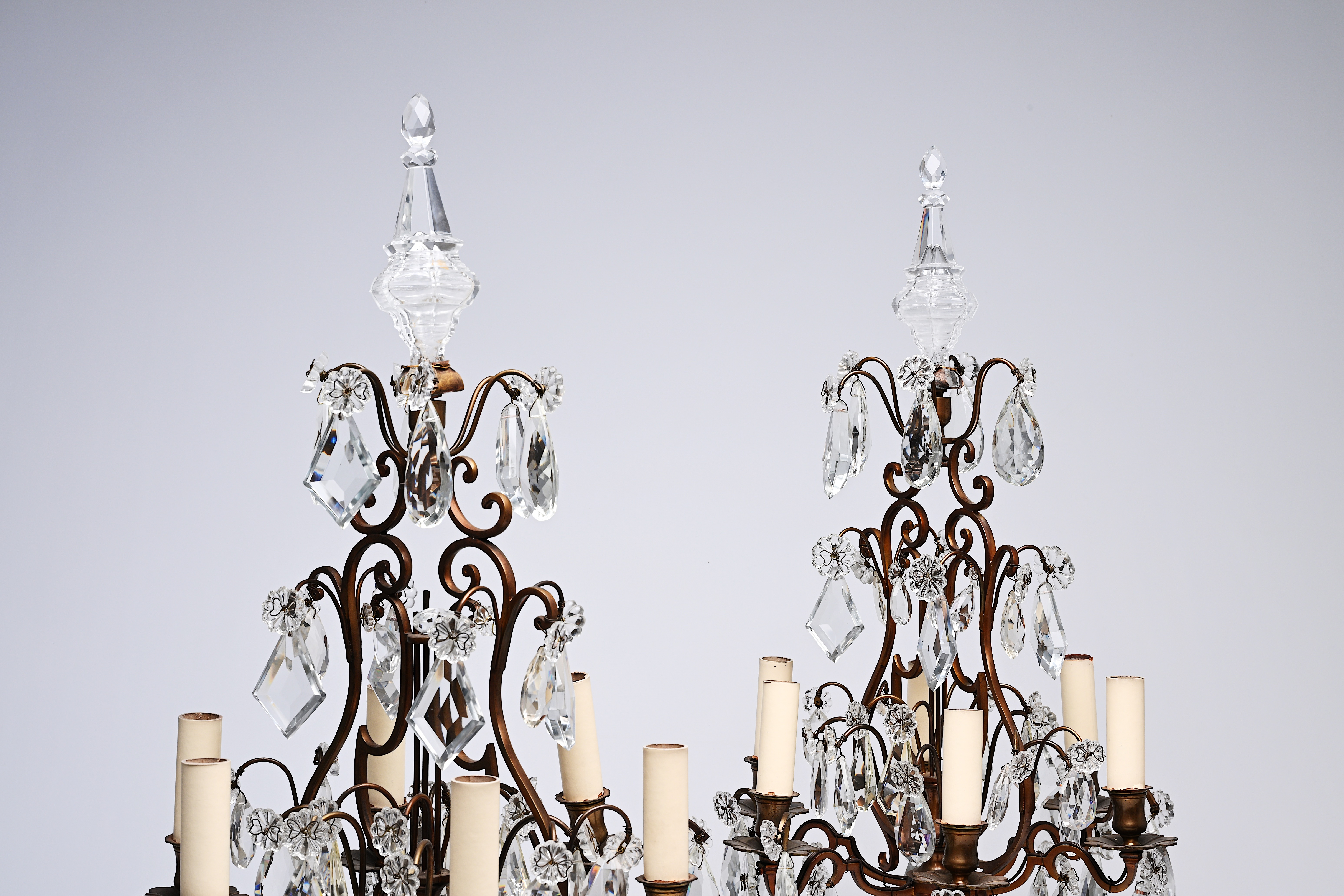 A pair of French Louis XIV style patinated bronze and cut crystal six-lights girandoles, early 20th - Image 4 of 4