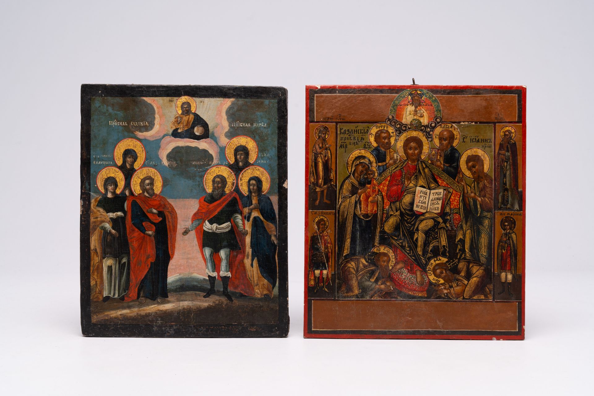 Two orthodox icons, 'Jesus Christ enthroned (Deesis)' and 'Saints', 19th C. - Image 2 of 7