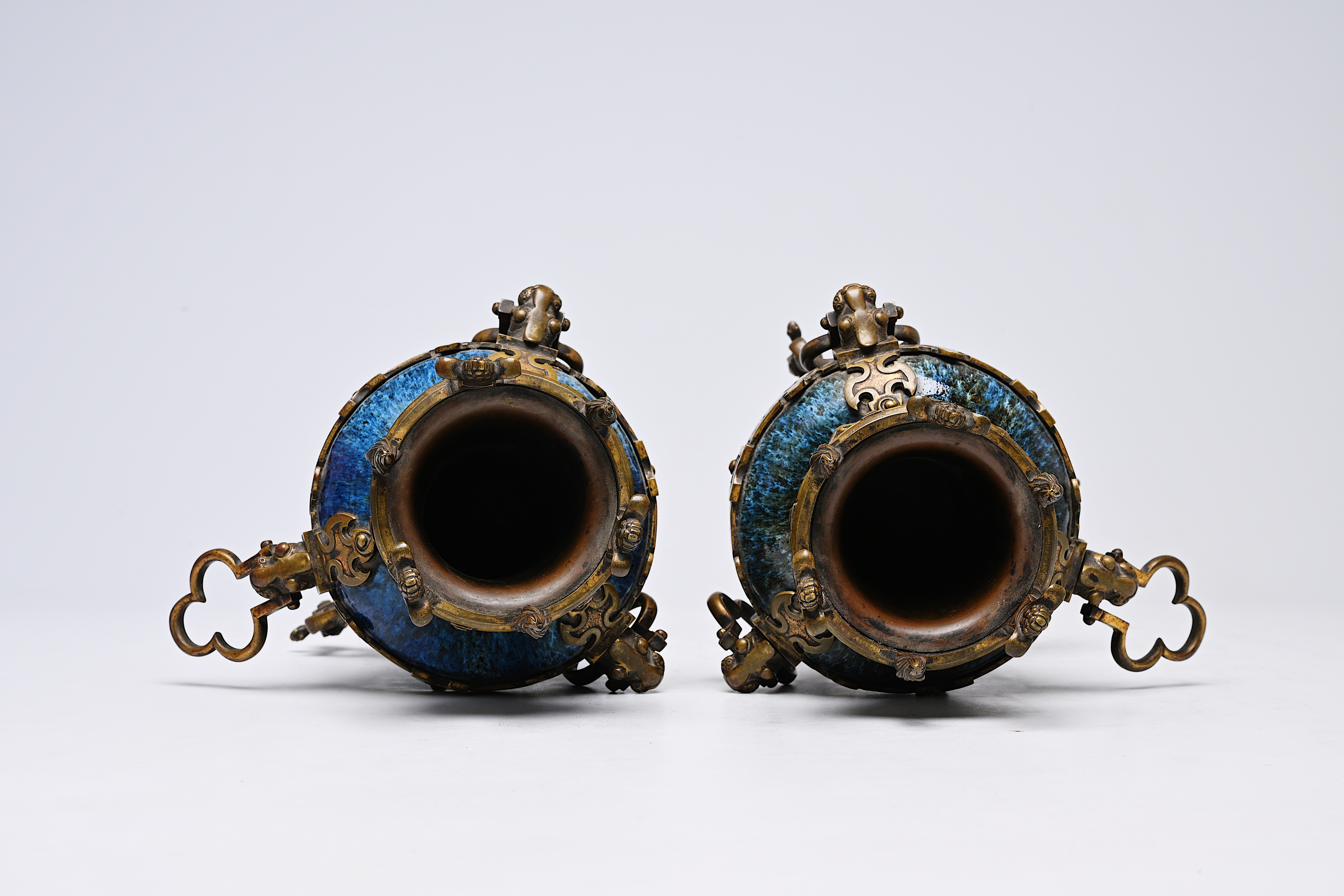 A pair of Chinese flambe glazed vases with gilt bronze mounts, 19th C. - Image 12 of 16
