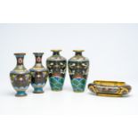 Two pairs of Chinese cloisonne 'dragons chasing the pearl' vases and a bowl, 19th/20th C.