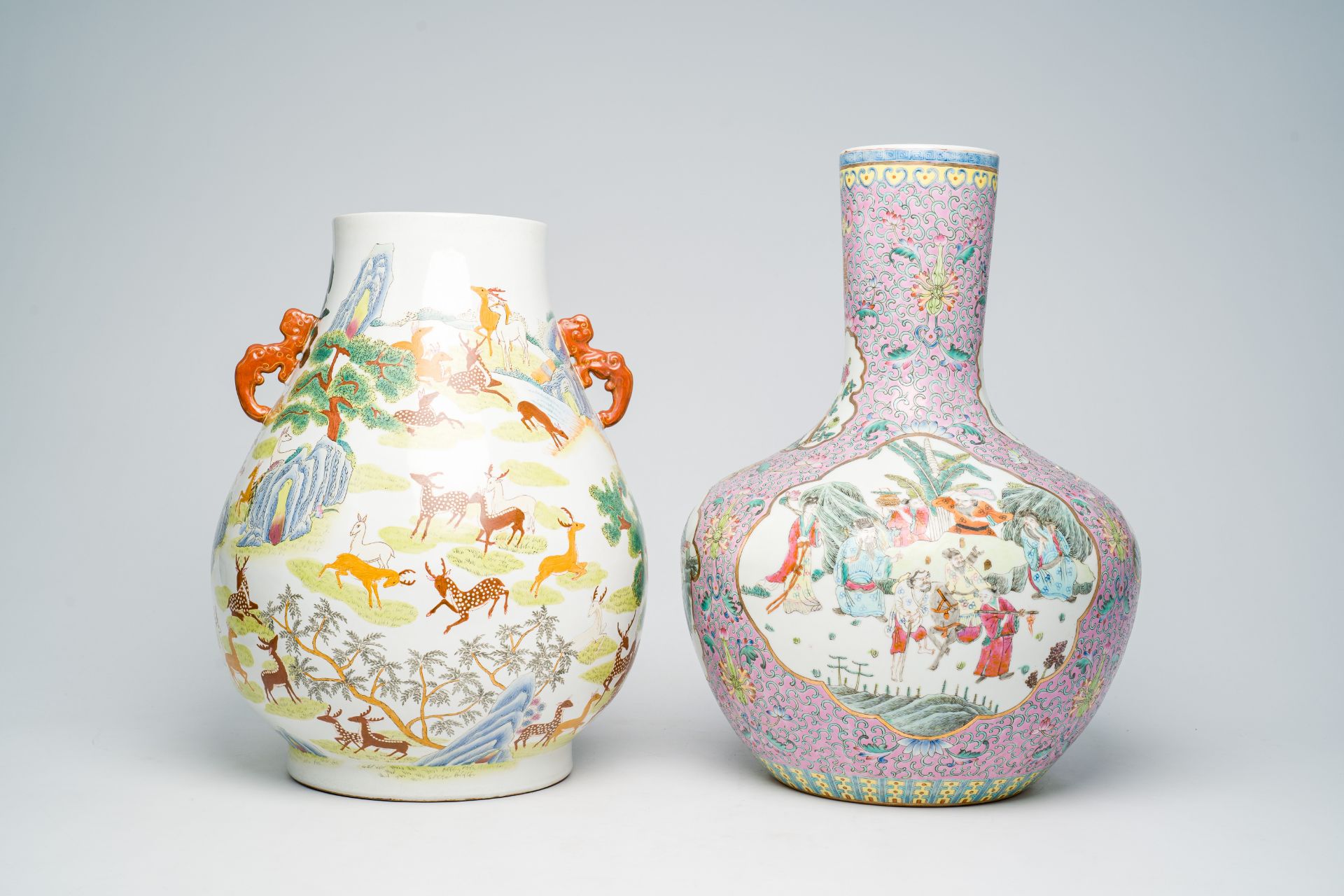 A Chinese famille rose tianqiu ping vase with Immortals and their servants in a landscape and a fami - Image 6 of 36