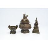 Two Chinese bronze censers and a Burmese Buddha, 19th C.