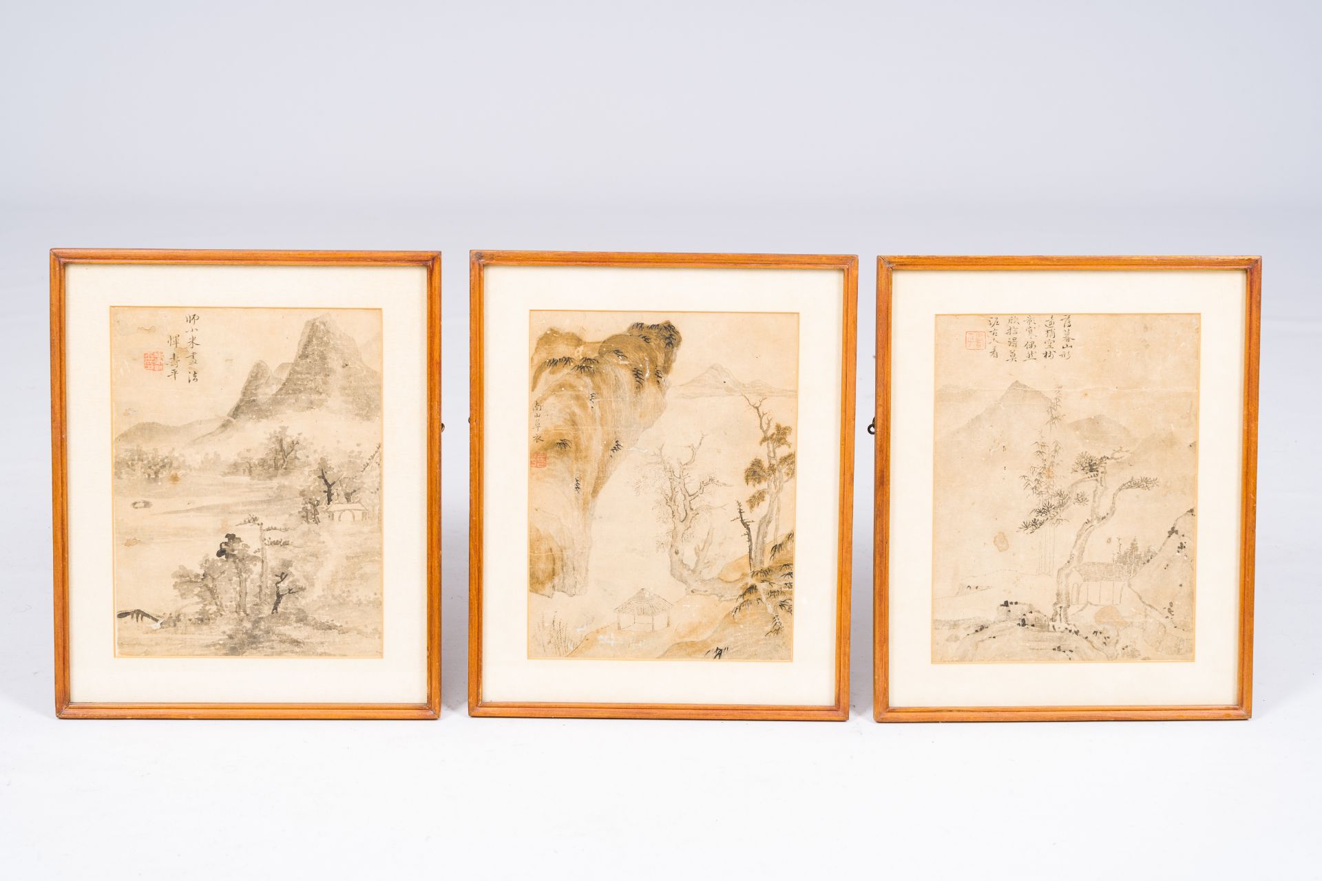 Chinese school: Three landscapes, ink and colours on paper, Qing