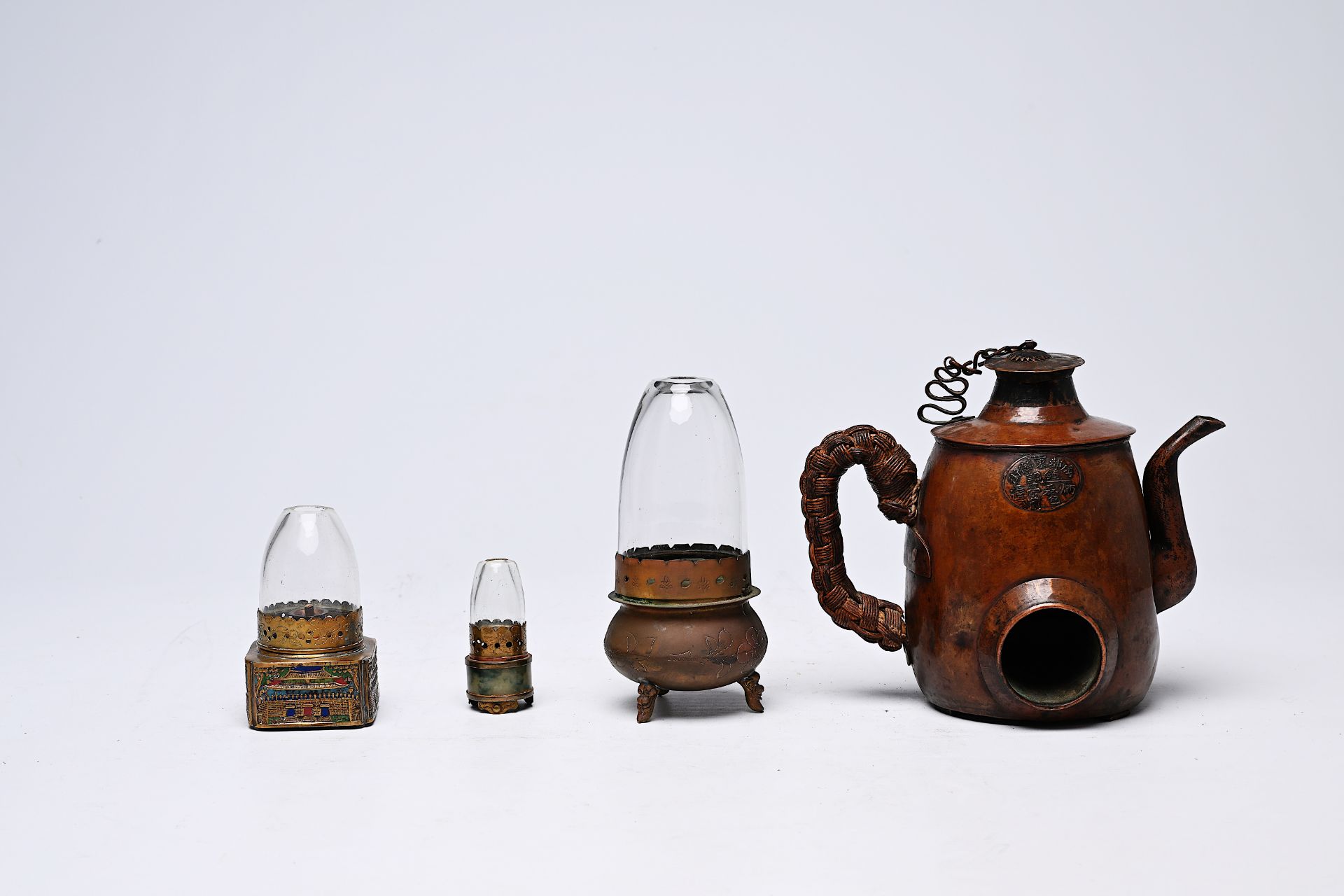 Three Chinese brass opium lamps and a wine warmer, Republic - Image 5 of 9