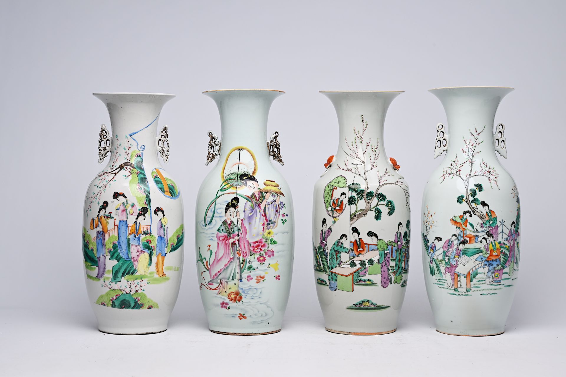 Four various Chinese famille rose and qianjiang cai vases with ladies, 19th/20th C.