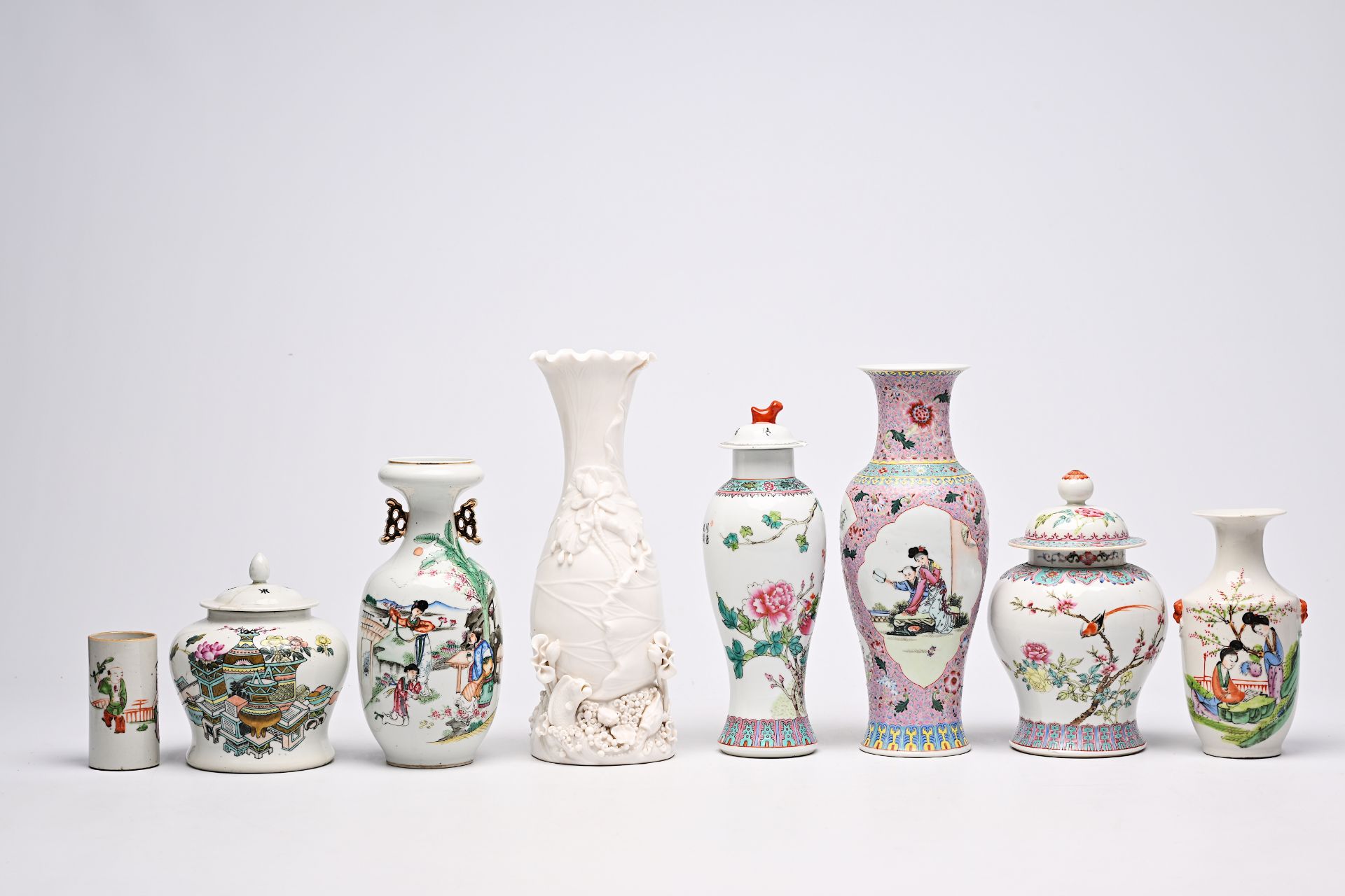 Five various Chinese famille rose and blanc de Chine vases, two jars and covers and a brush pot with - Image 2 of 18