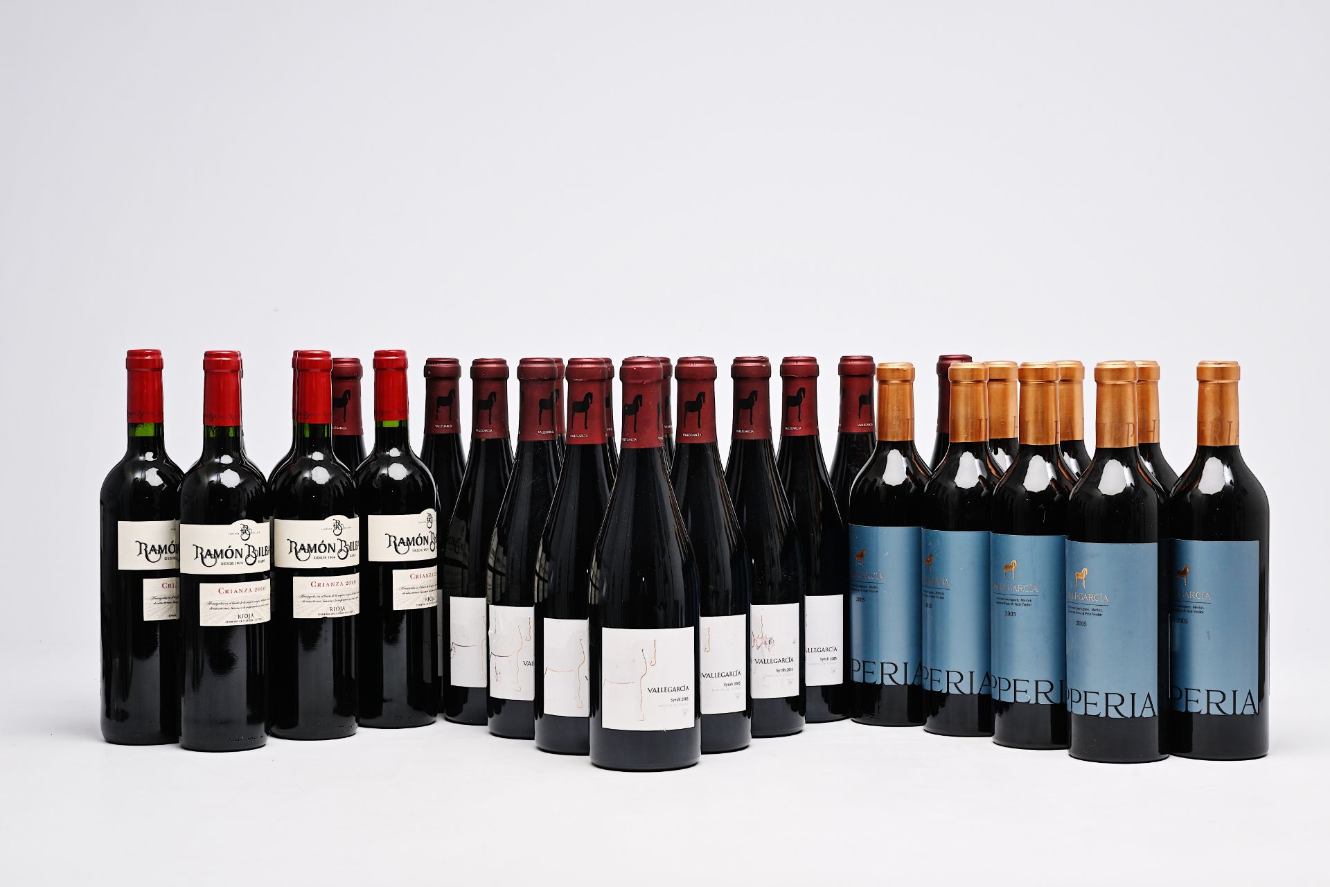 Six bottles of Crianza Rioja Ramon Bilbao, eighteen bottles of Vallegarcia Syrah and eight bottles V
