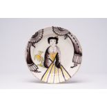 A polychrome French pottery dish with an allegory of smell, Desvres or Hesdin, 18th C.