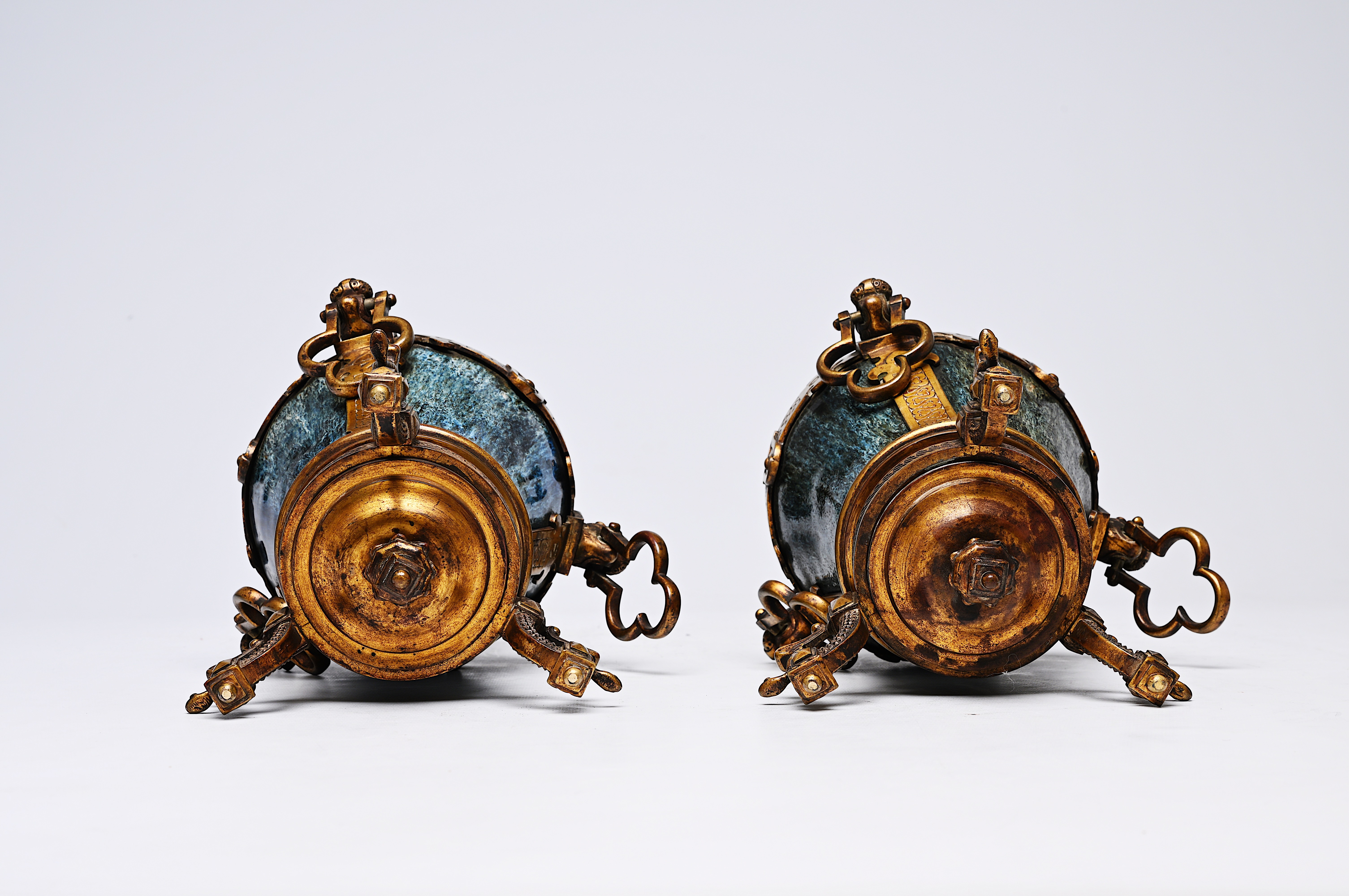 A pair of Chinese flambe glazed vases with gilt bronze mounts, 19th C. - Image 9 of 16