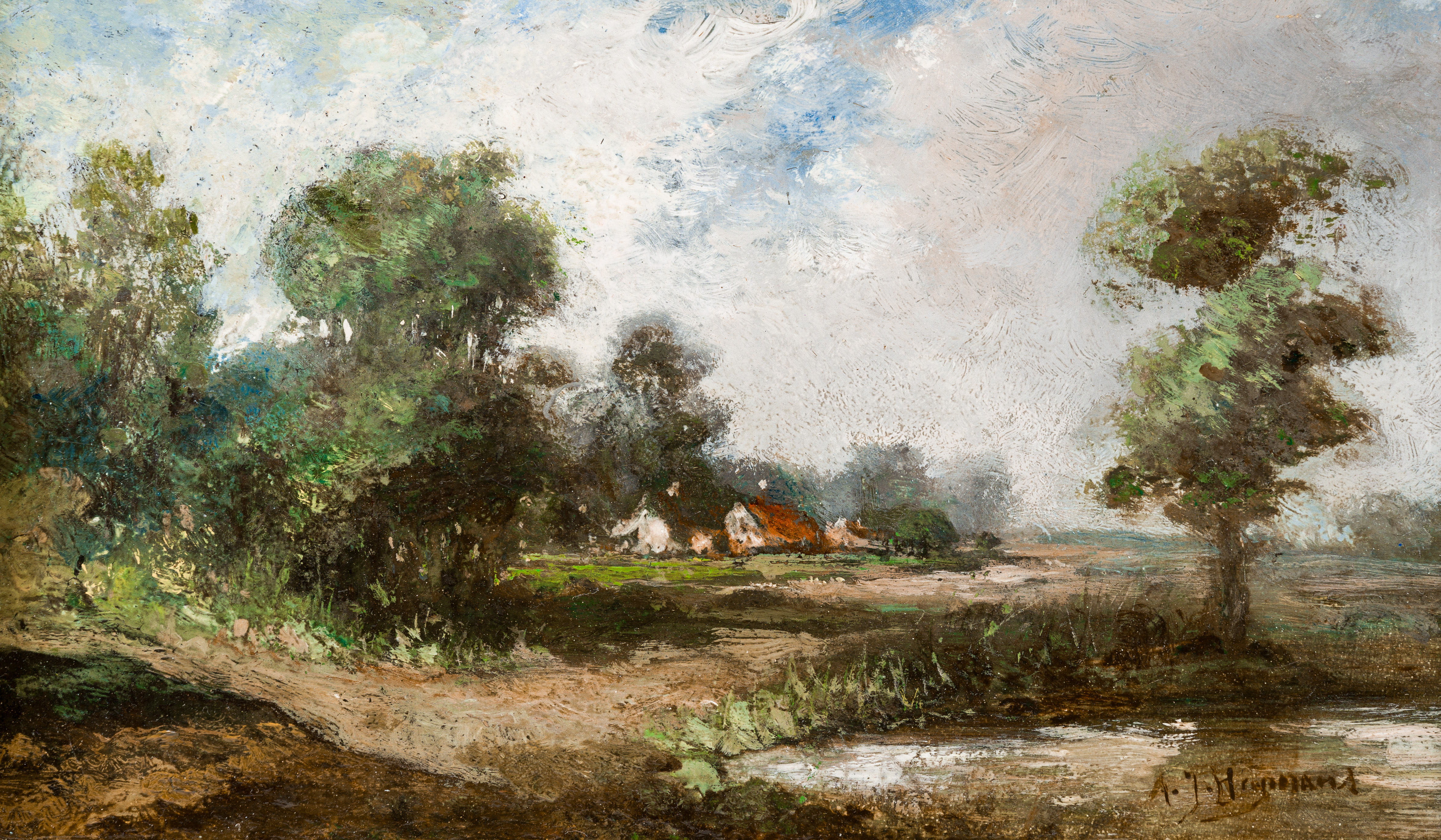 Adrien-Joseph Heymans (1839-1921, in the manner of): Landscape with farm, oil on panel