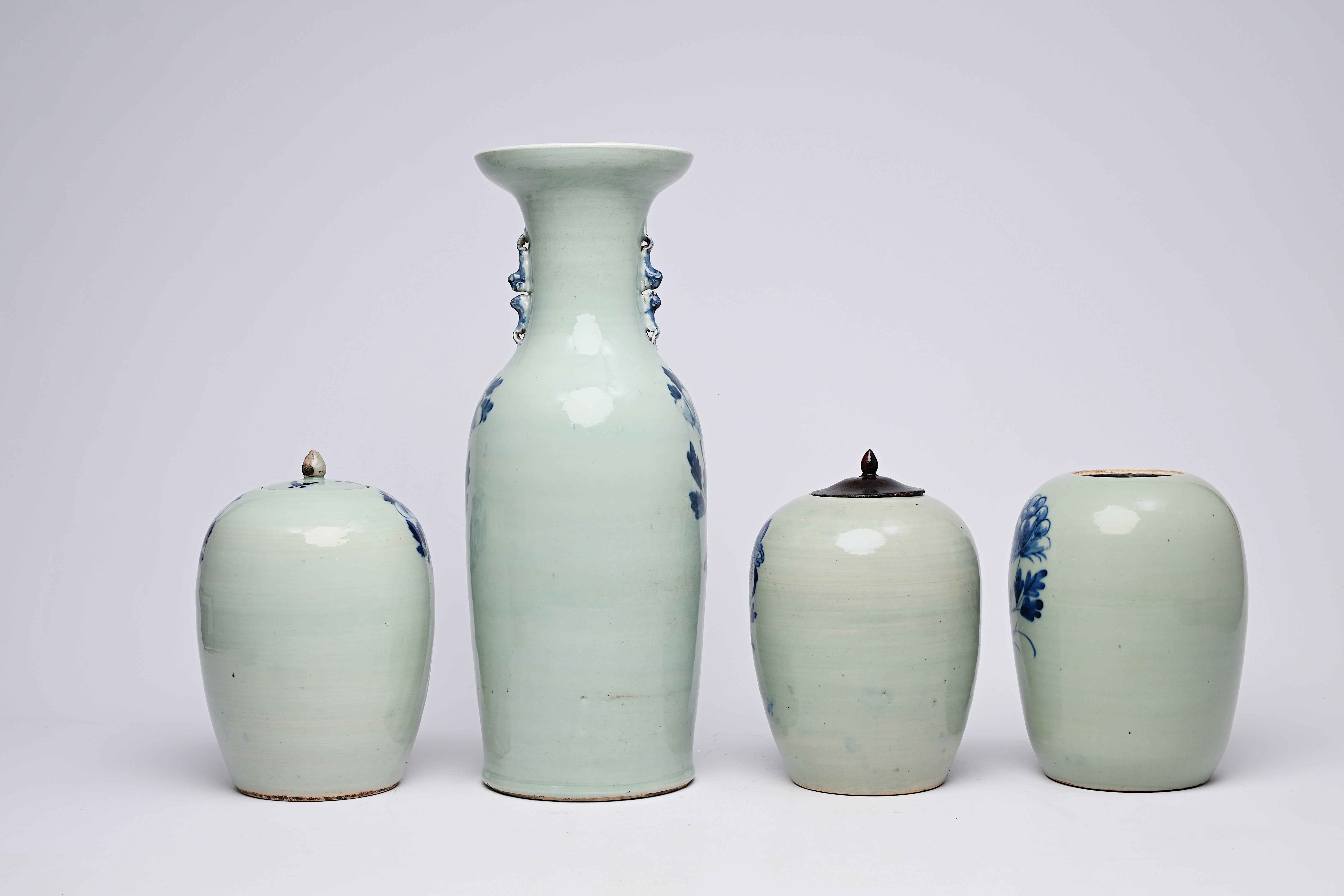 Three Chinese blue and white celadon ground ginger jars and a vase with phoenixes among blossoming b - Image 6 of 12