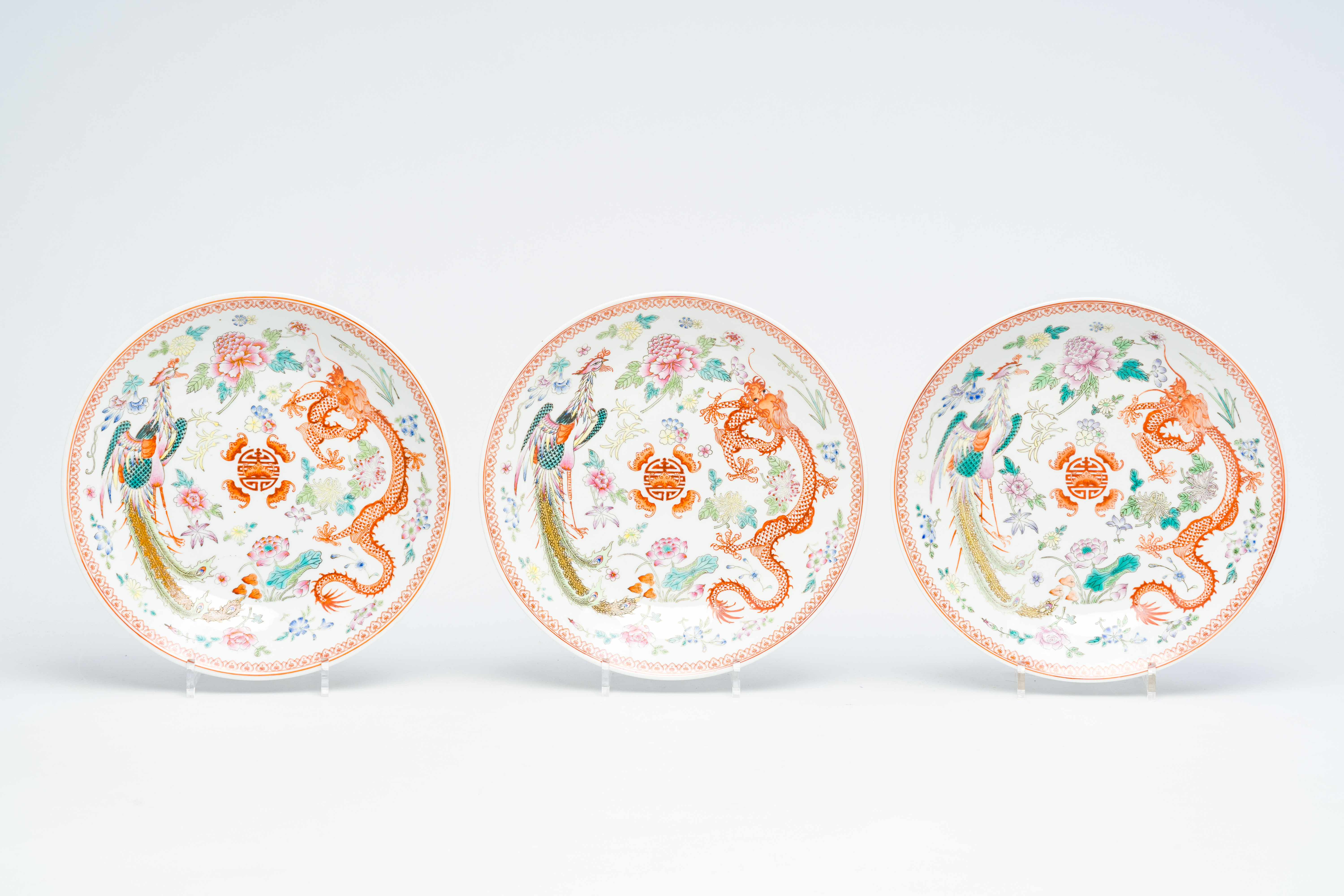 Six Chinese famille rose 'dragon and phoenix' dishes, Qianlong mark, 20th C. - Image 3 of 14
