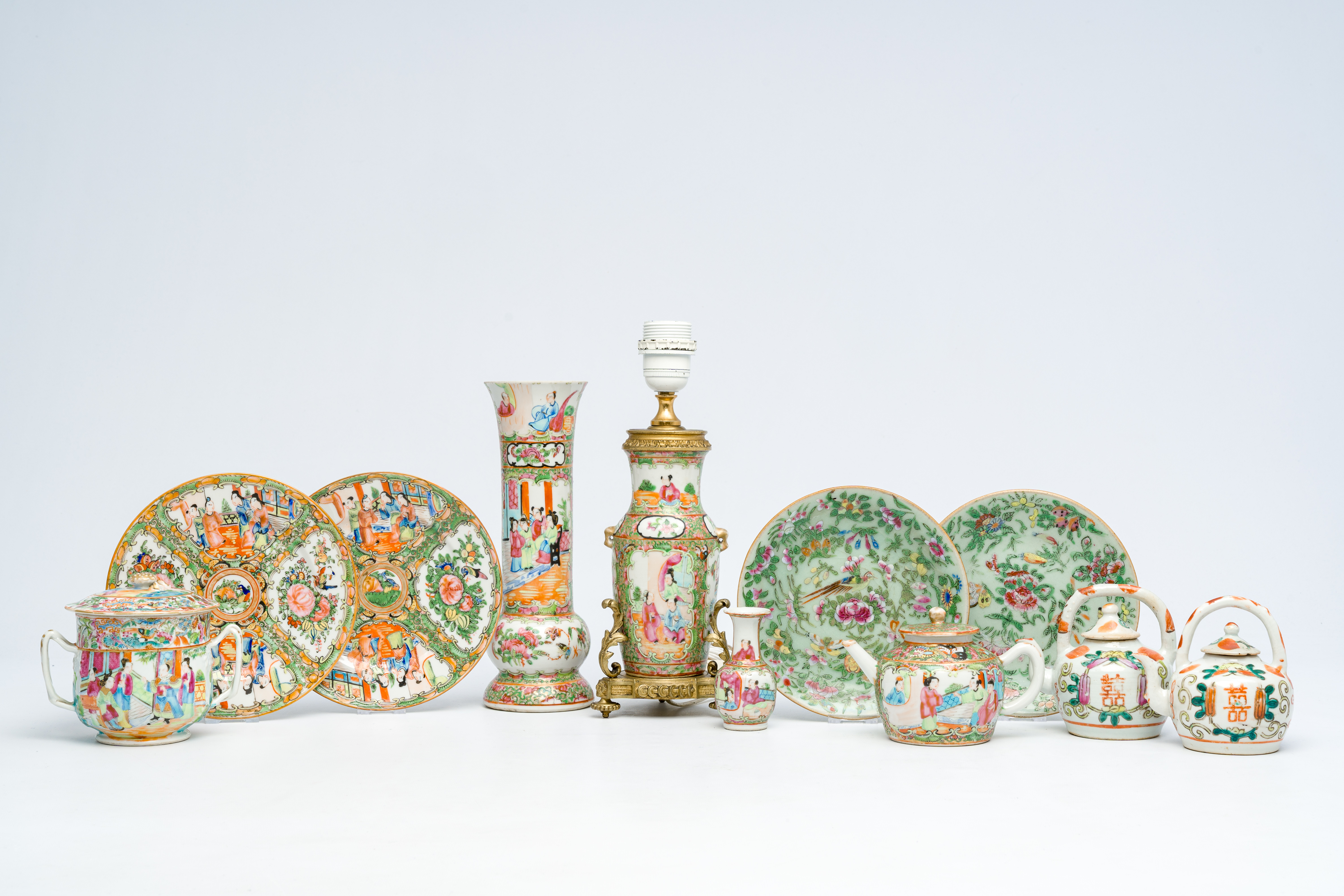 A varied collection of Chinese famille rose and Canton famille rose porcelain with floral design and