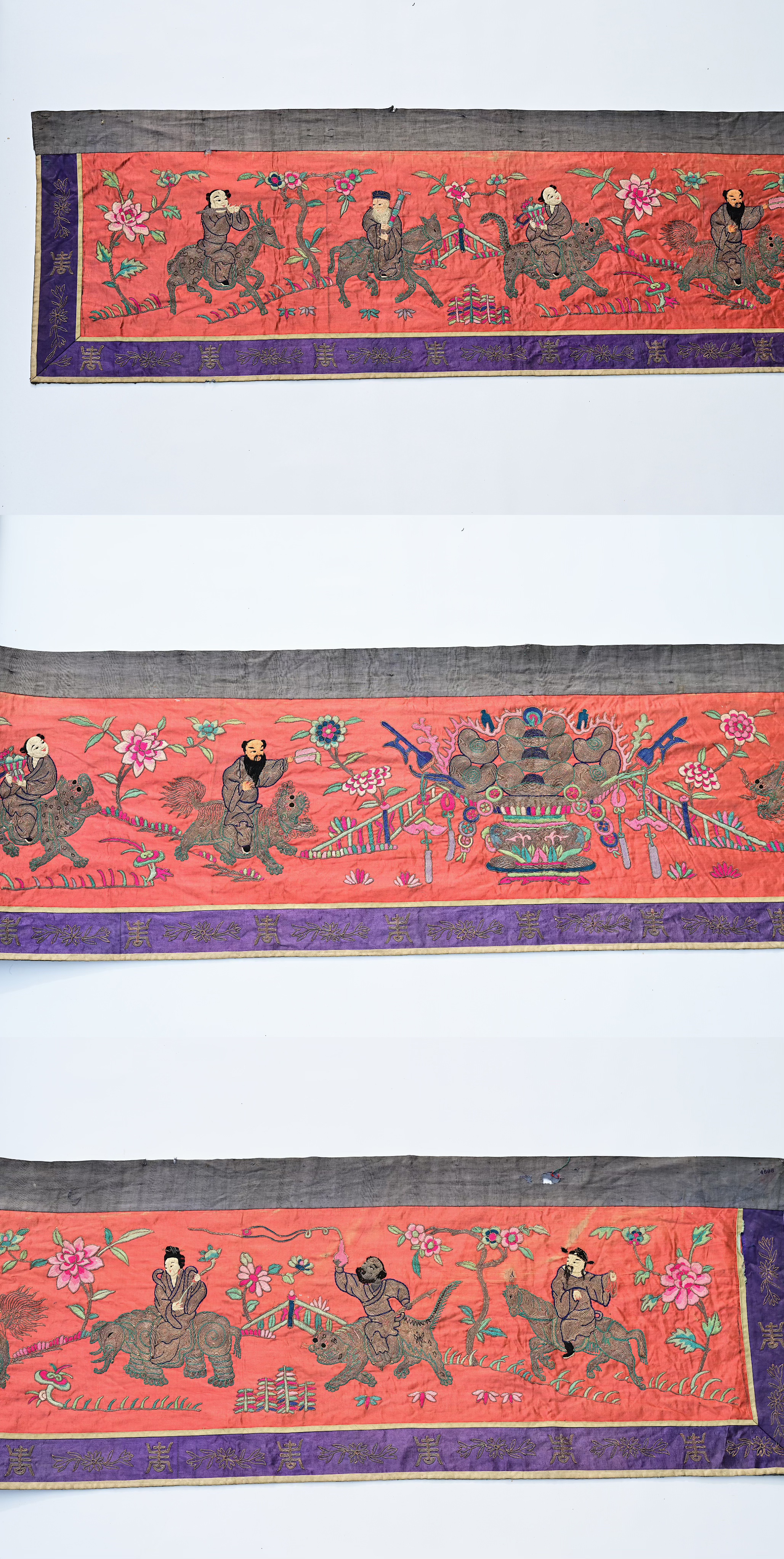 A long Chinese horizontal silk embroidered 'Eight Immortals' altar cloth with silver thread, 19th C. - Image 2 of 13