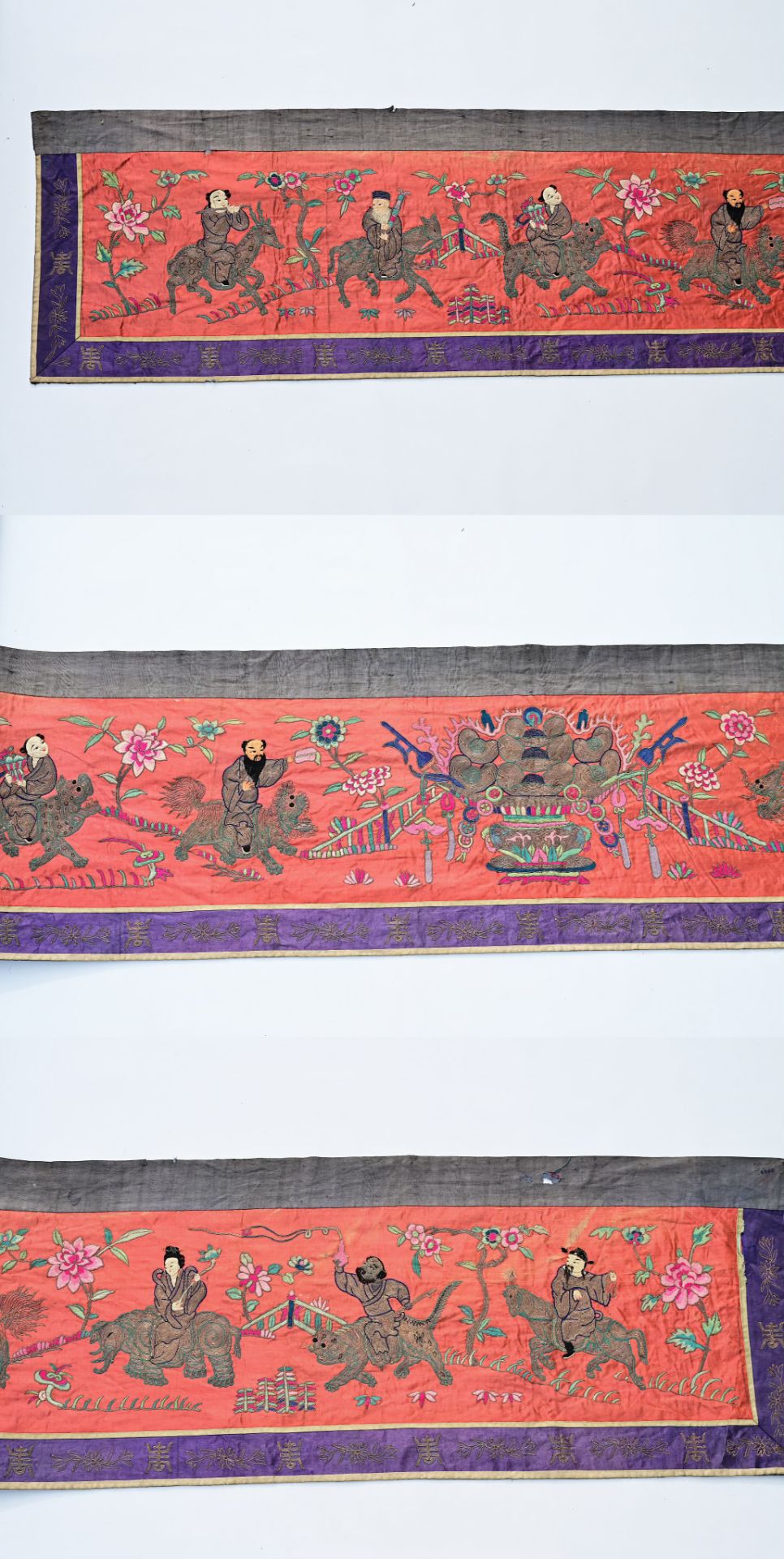 A long Chinese horizontal silk embroidered 'Eight Immortals' altar cloth with silver thread, 19th C. - Image 2 of 13