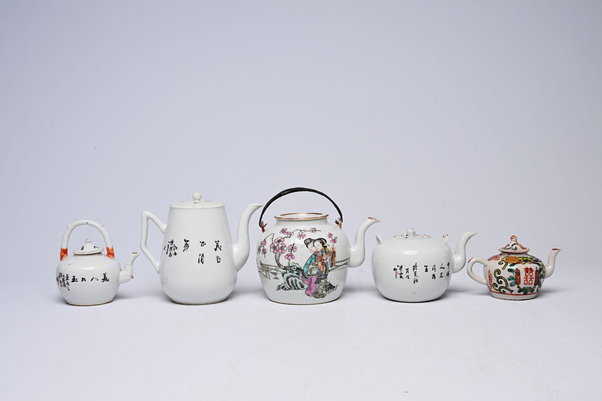 Five Chinese famille rose and qianjiang cai teapots and covers with floral and figurative design, 19 - Image 4 of 8