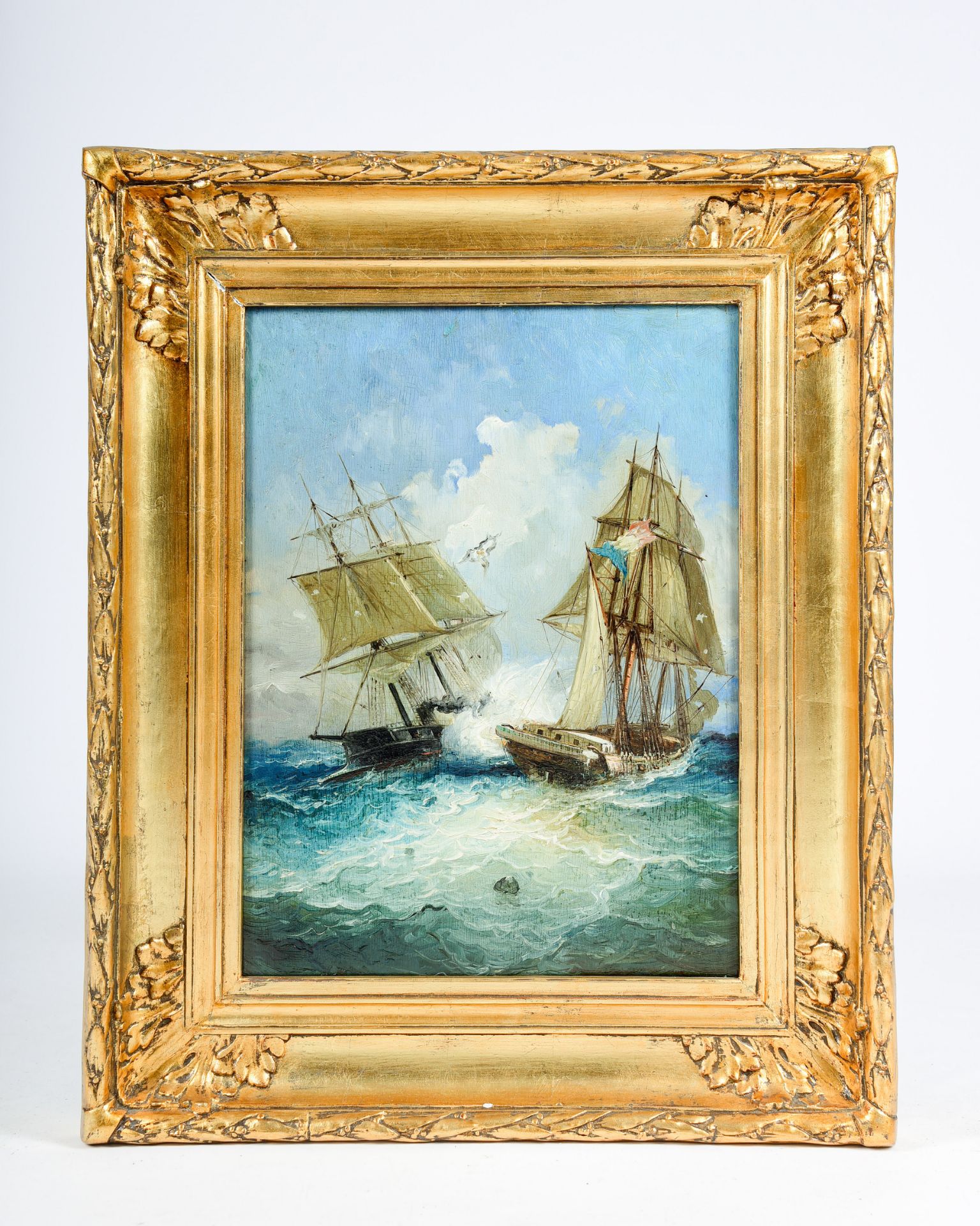 European school: The battle on the water, oil on panel, 19th/20th C. - Bild 2 aus 3