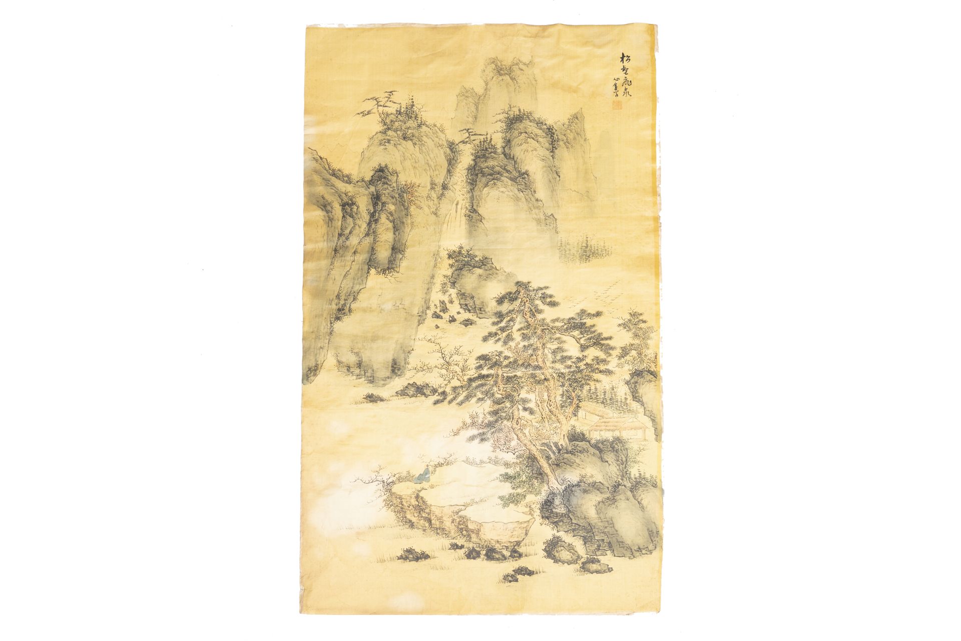 Chinese school: Animated impressive mountain landscape, ink and colours on silk marouflated on paper