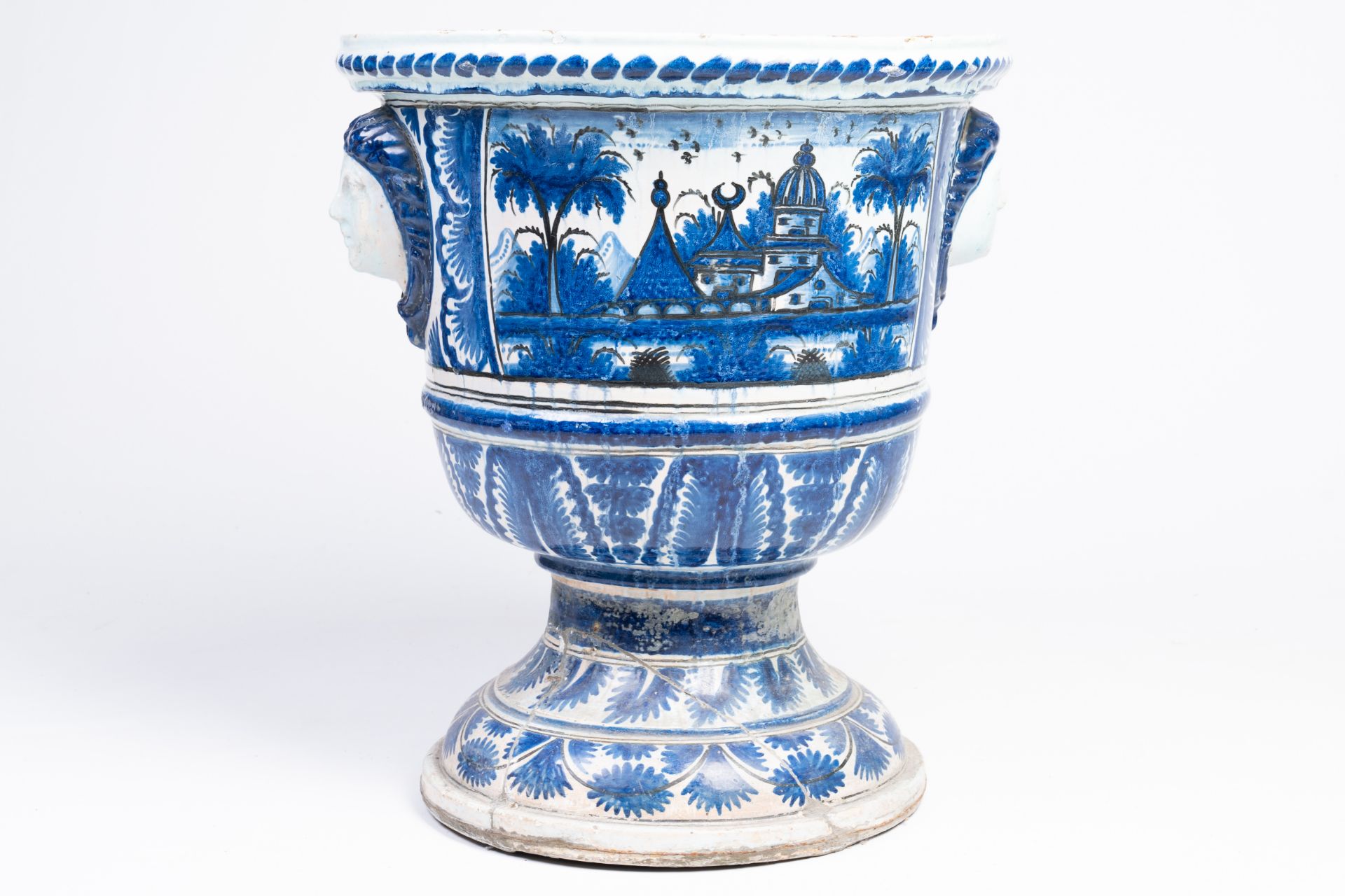 A large French blue and white earthenware Louis XIV vase on stand with oriental landscapes and masca - Image 3 of 6