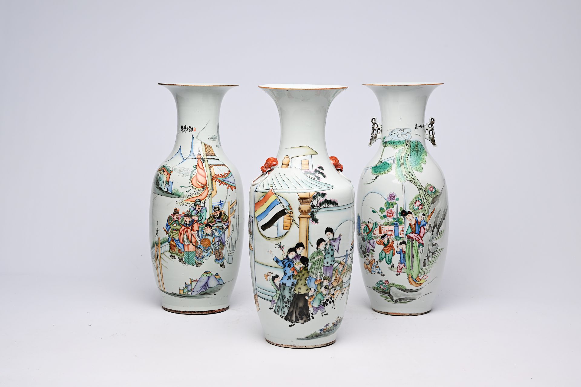 Three Chinese famille rose and qianjiang cai vases with figurative design, 19th/20th C.