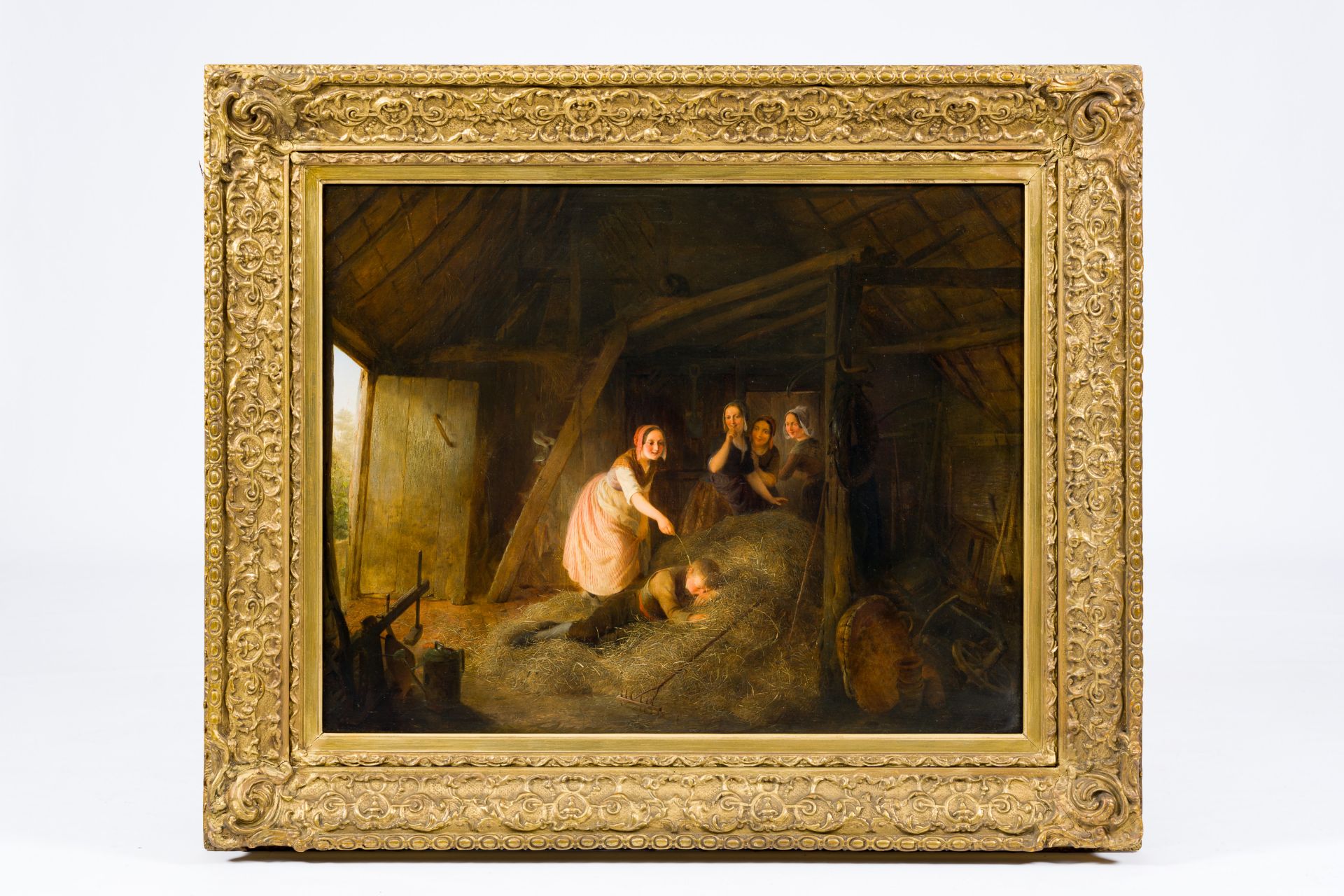 Ferdinand I De Braekeleer (1792-1883): Boy sleeping in the hay in a stable being teased by four girl - Image 2 of 5