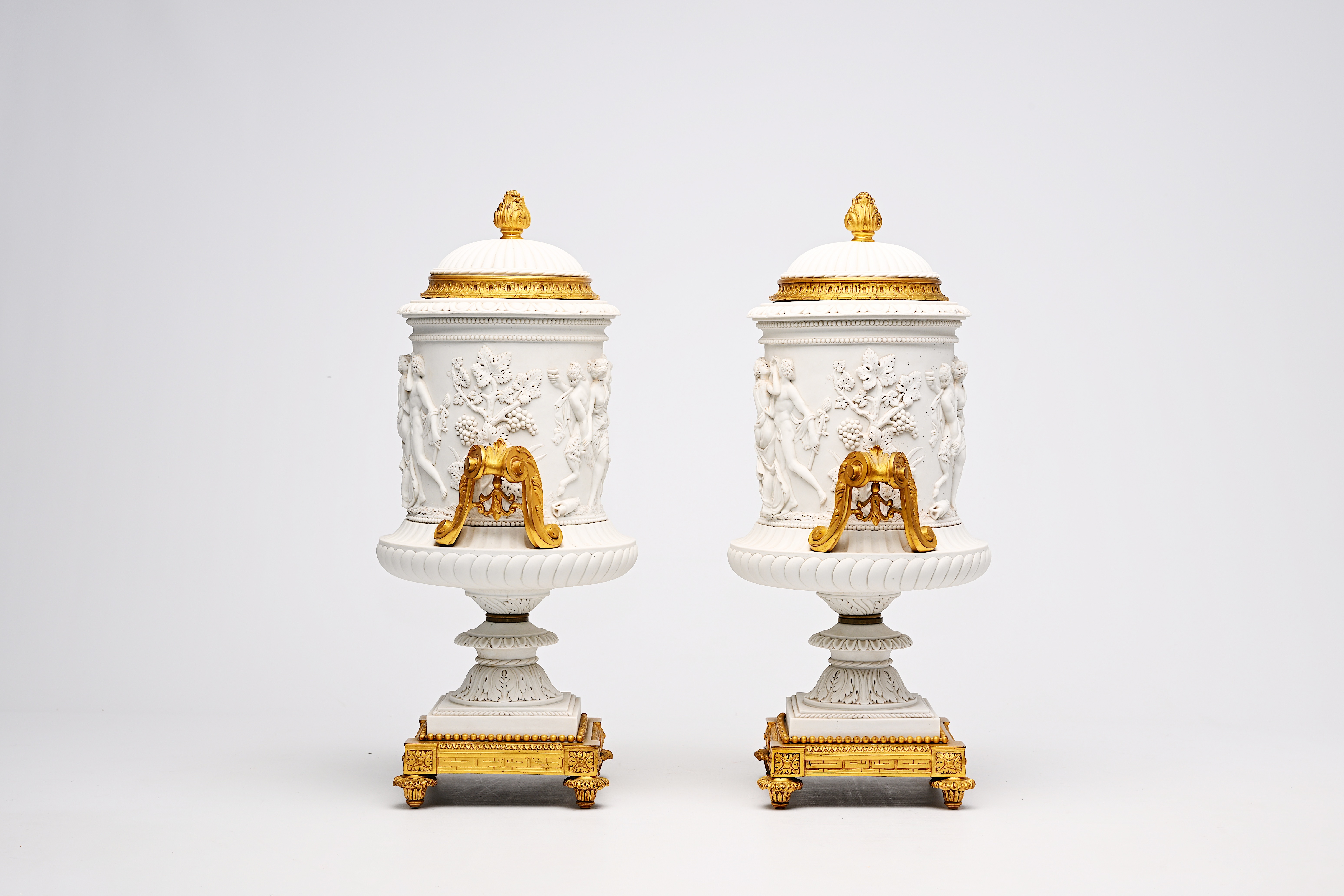 A pair of French biscuit gilt bronze mounted vases and covers with a frieze with bacchantes, Sevres - Image 4 of 14