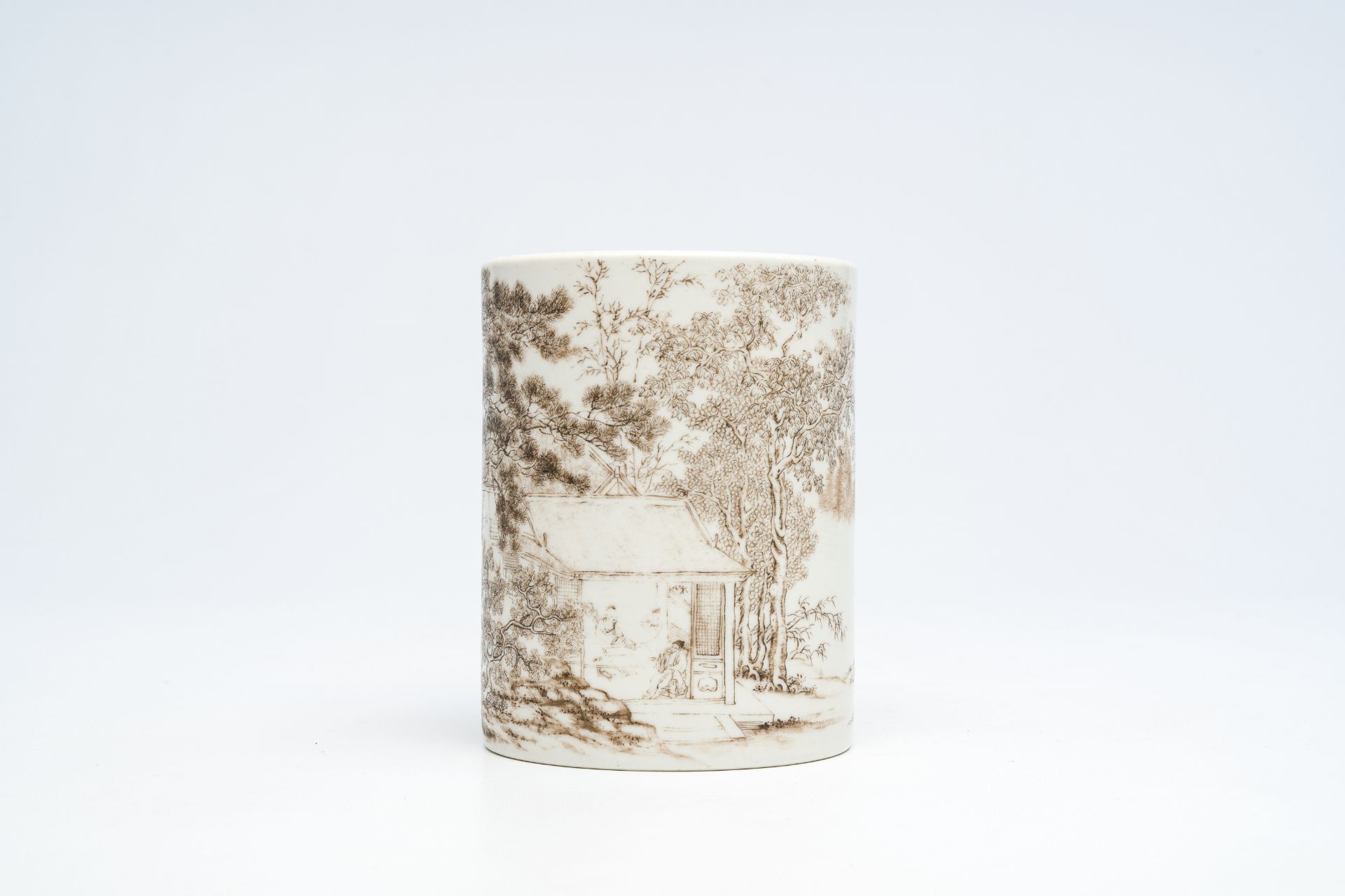 A Chinese grisaille brush pot with an animated landscape, 20th C. - Image 6 of 14