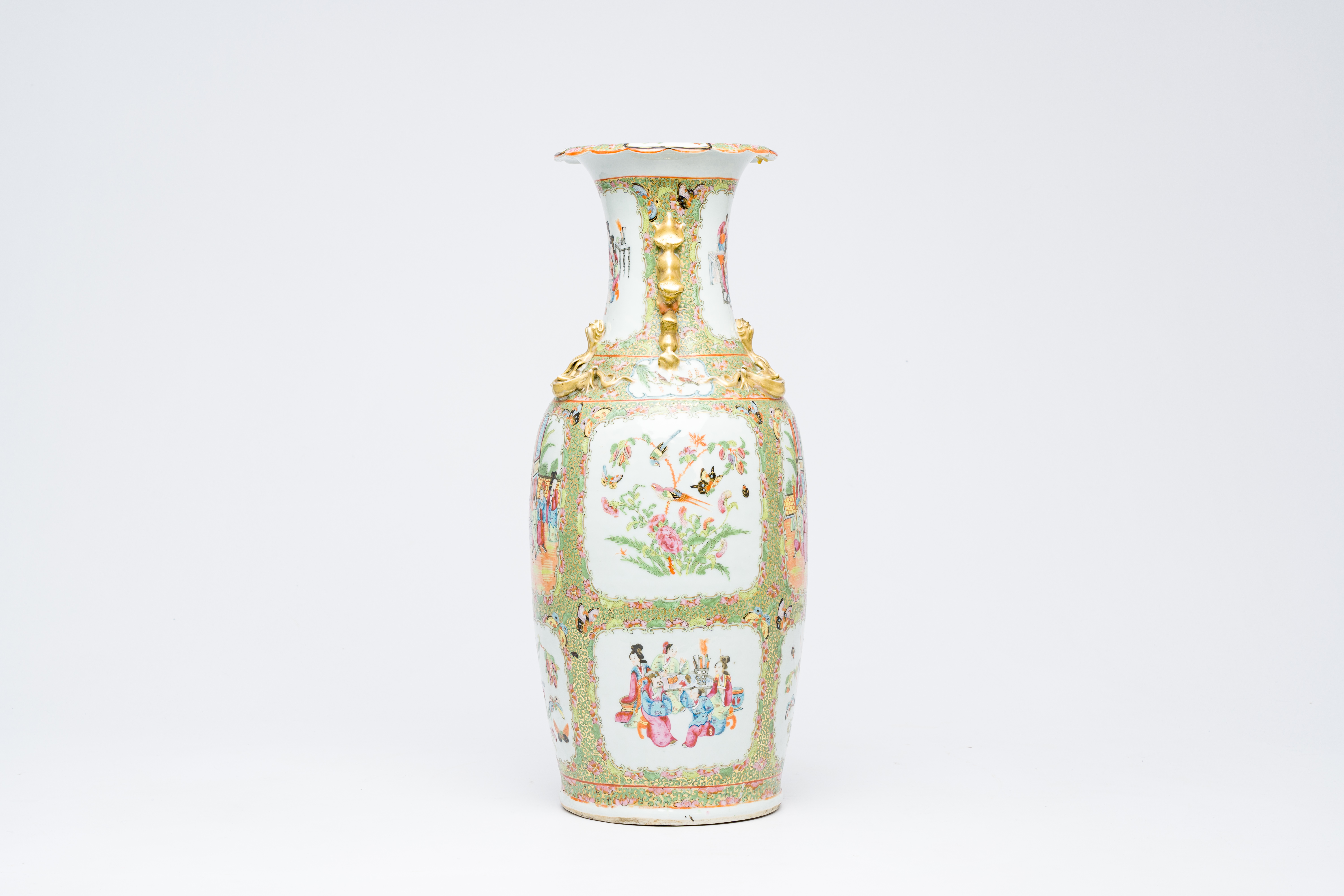 A Chinese Canton famille rose vase with palace scenes and birds and butterflies among blossoming bra - Image 4 of 6