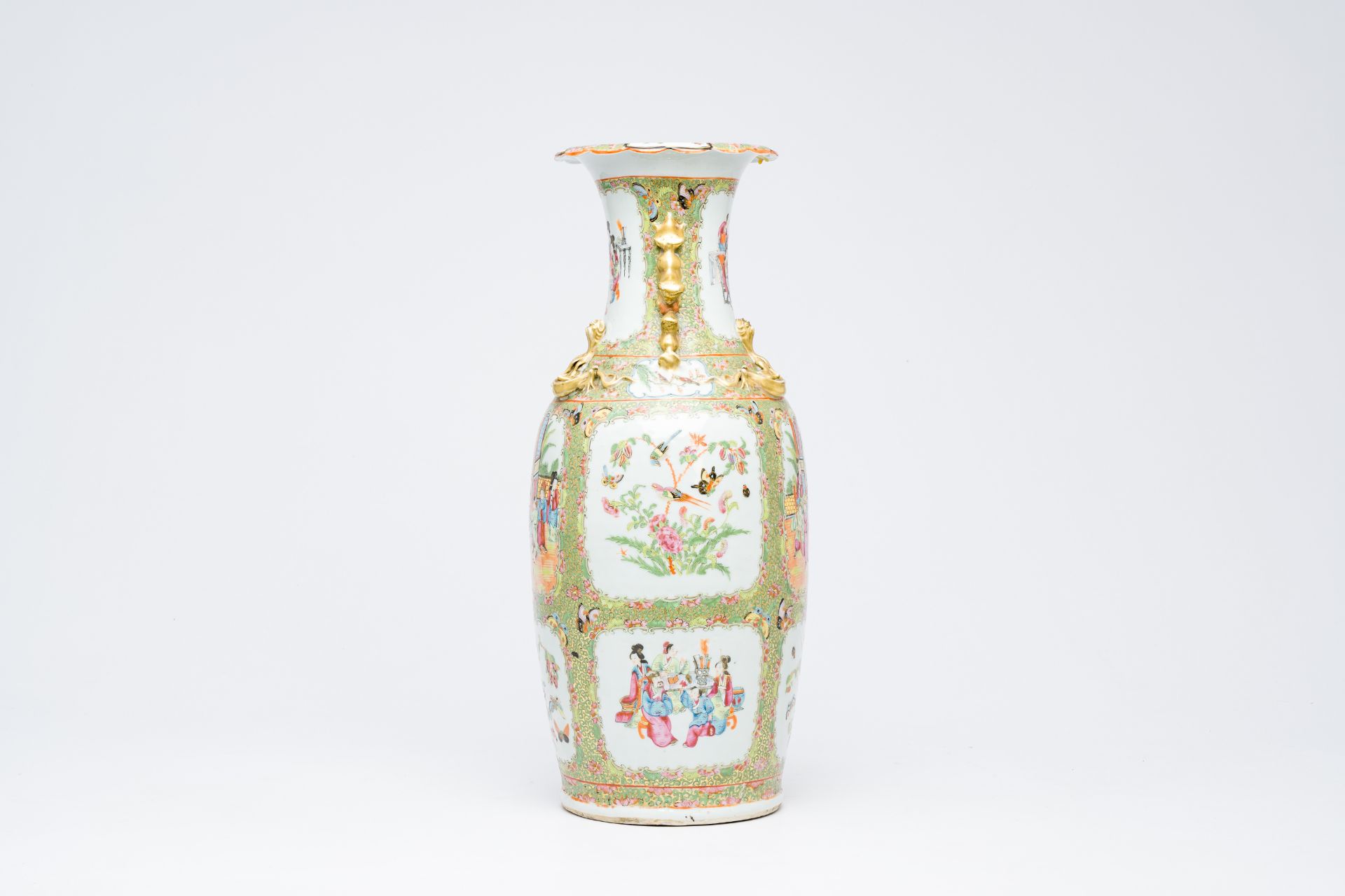 A Chinese Canton famille rose vase with palace scenes and birds and butterflies among blossoming bra - Bild 4 aus 6