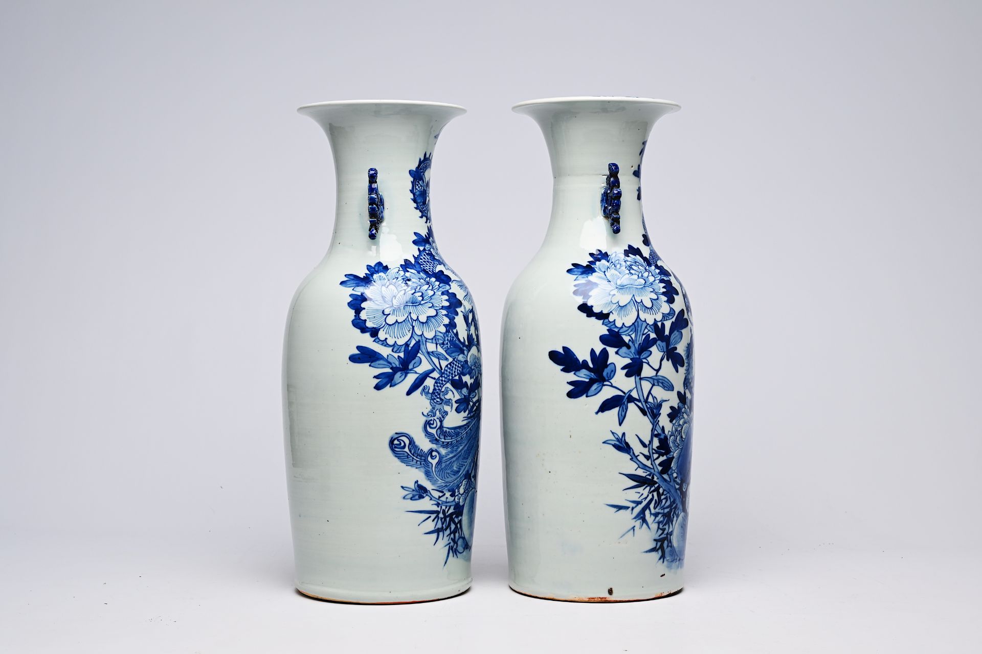 A pair of Chinese blue and white celadon ground vases with a dragon and a phoenix among blossoming b - Image 8 of 28