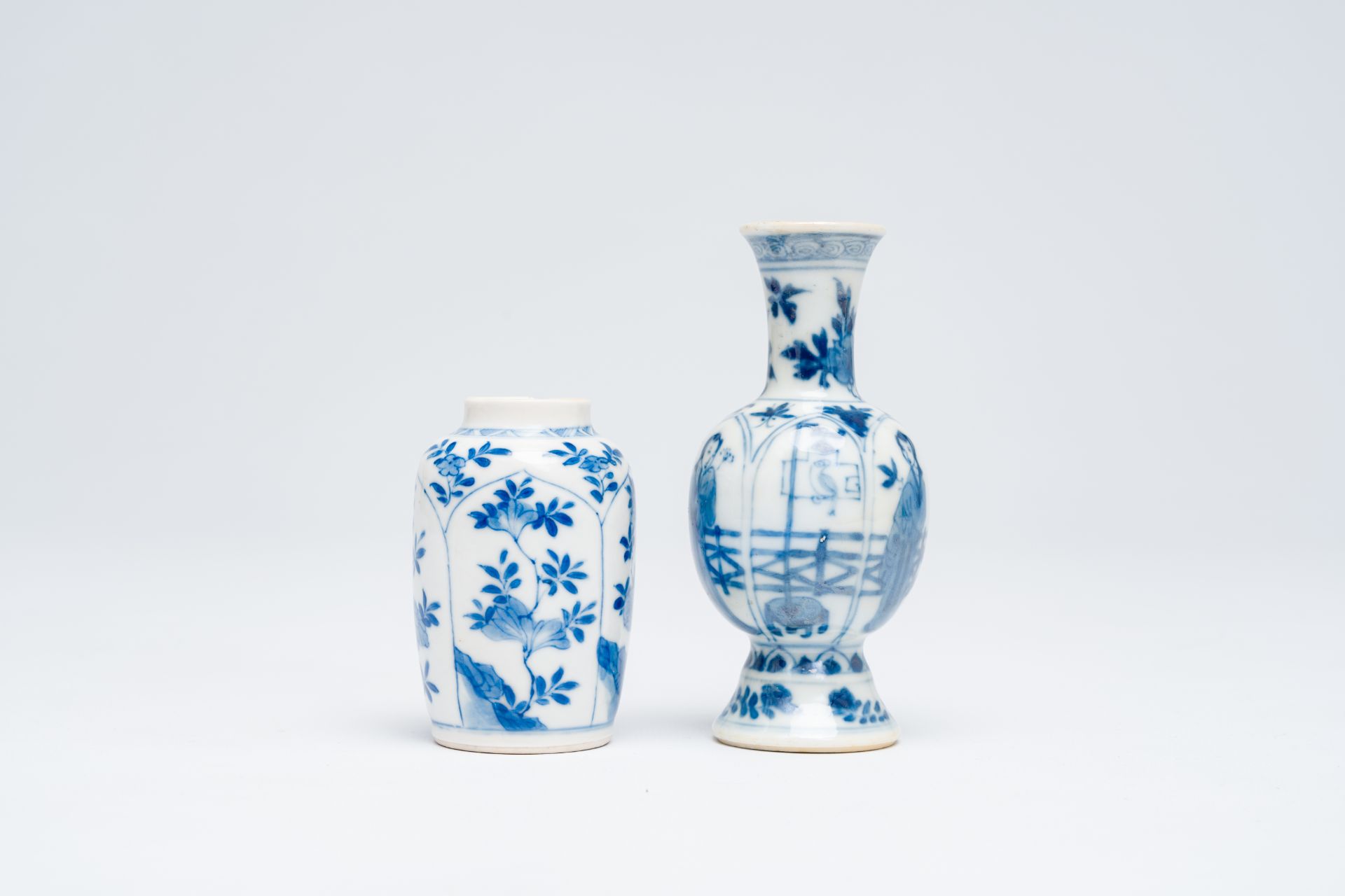 A Chinese blue and white soft paste vase with floral design and a 'ladies and birdcages' vase, Kangx - Image 2 of 6