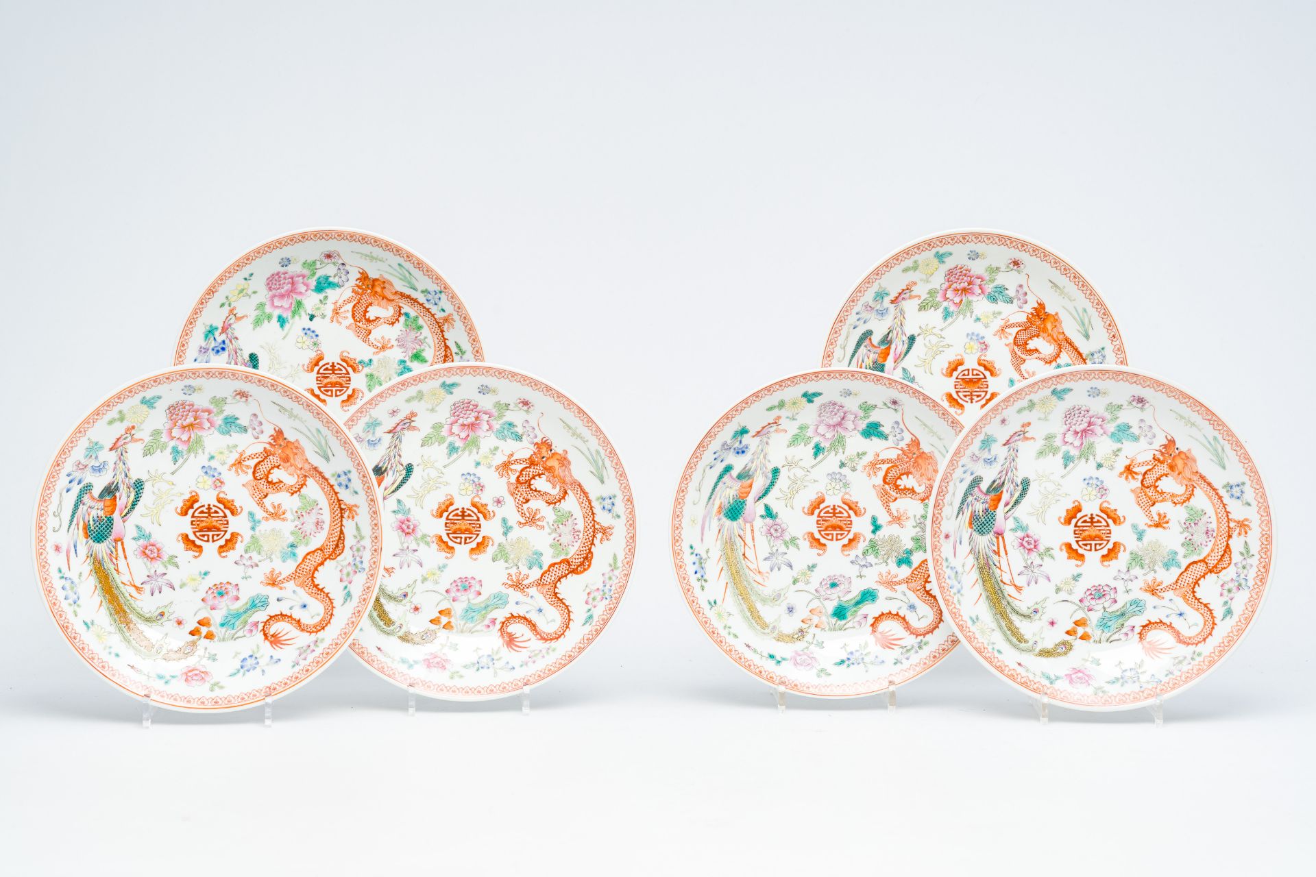 Six Chinese famille rose 'dragon and phoenix' dishes, Qianlong mark, 20th C.