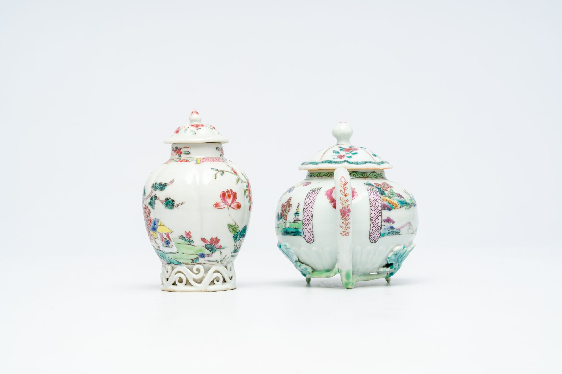 A Chinese famille rose relief-decorated teapot and a tea caddy, Yongzheng/Qianlong - Image 5 of 7