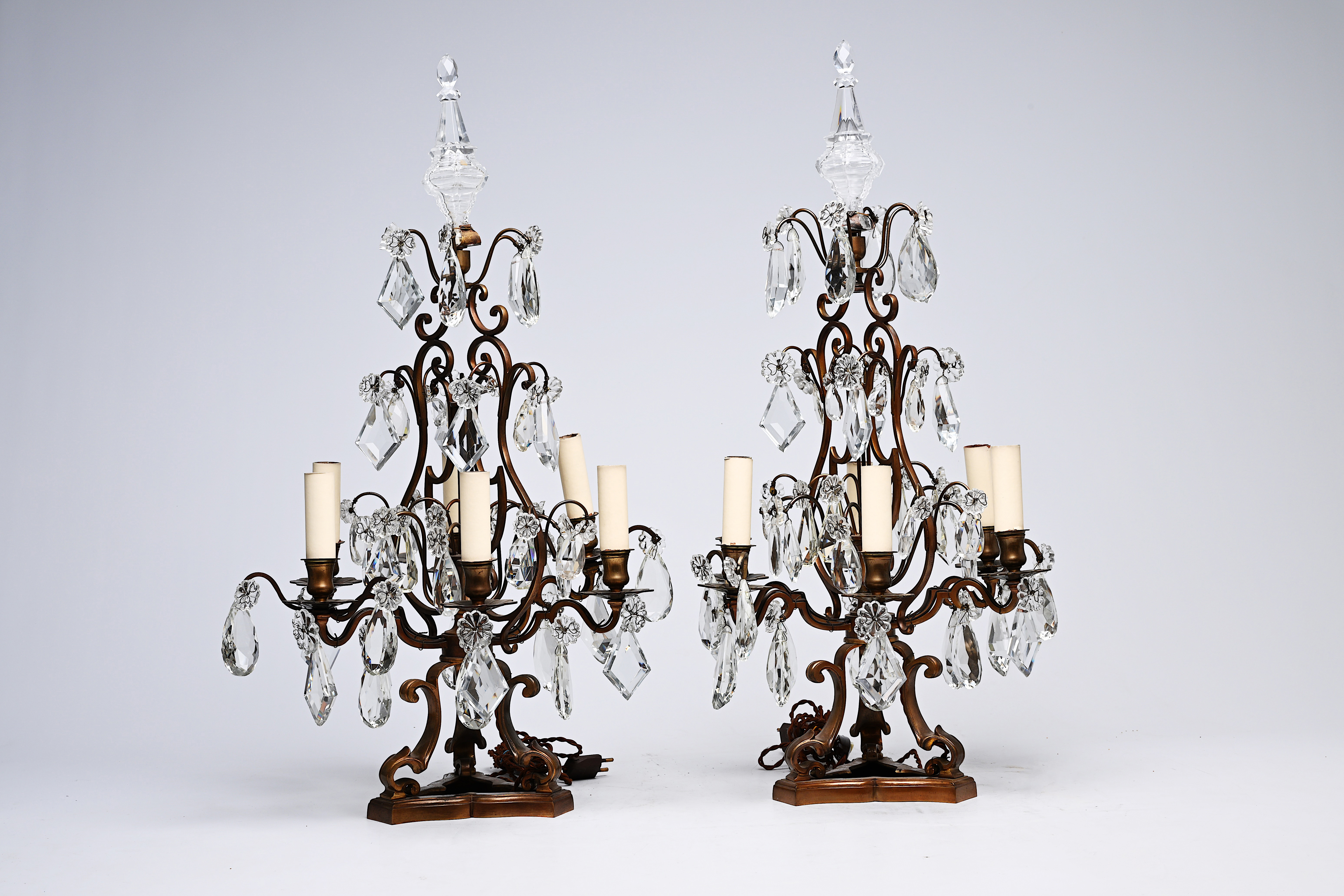 A pair of French Louis XIV style patinated bronze and cut crystal six-lights girandoles, early 20th - Image 2 of 4