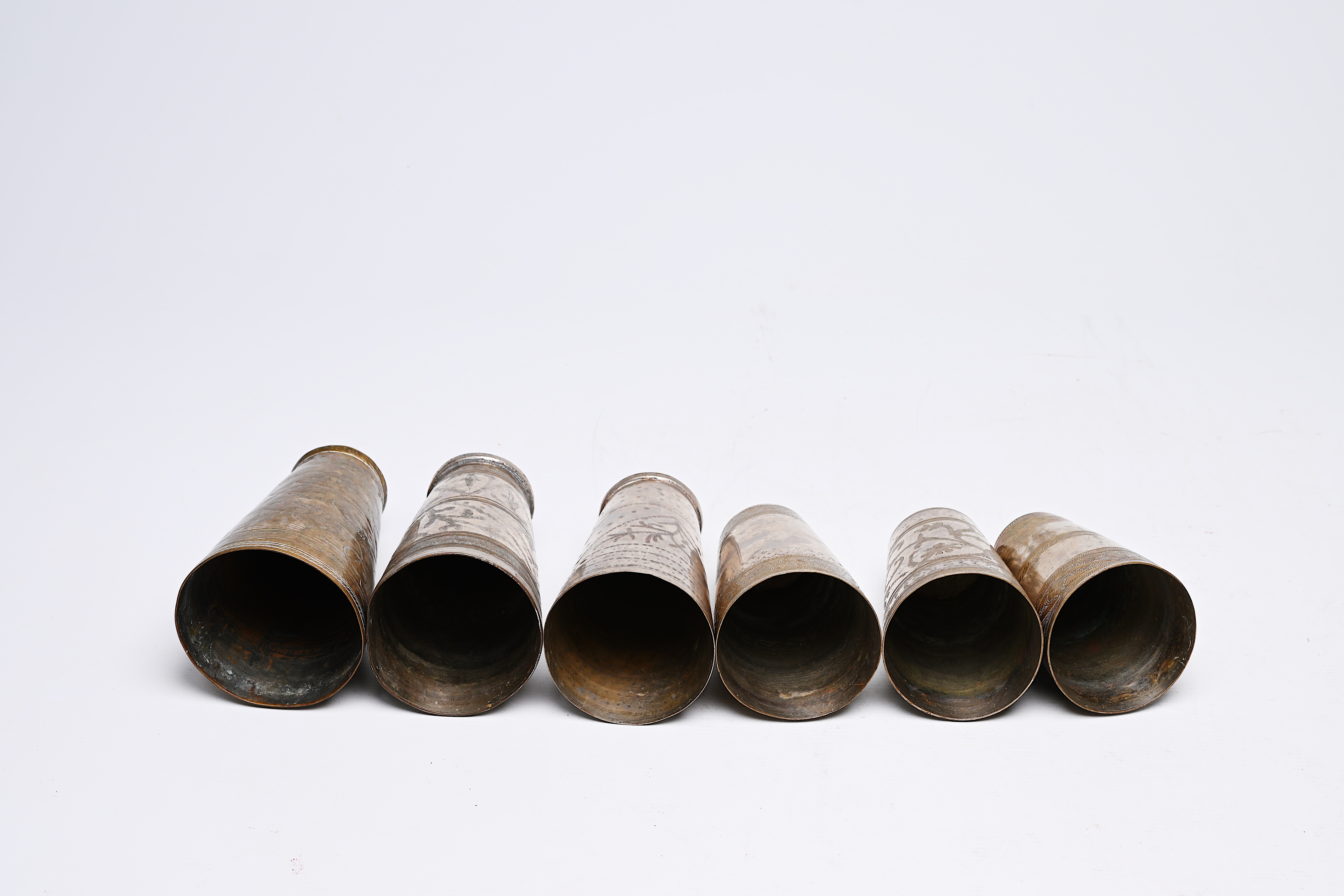 Six engraved brass and pewter cups for lassi, India, first half 20th C. - Image 3 of 5