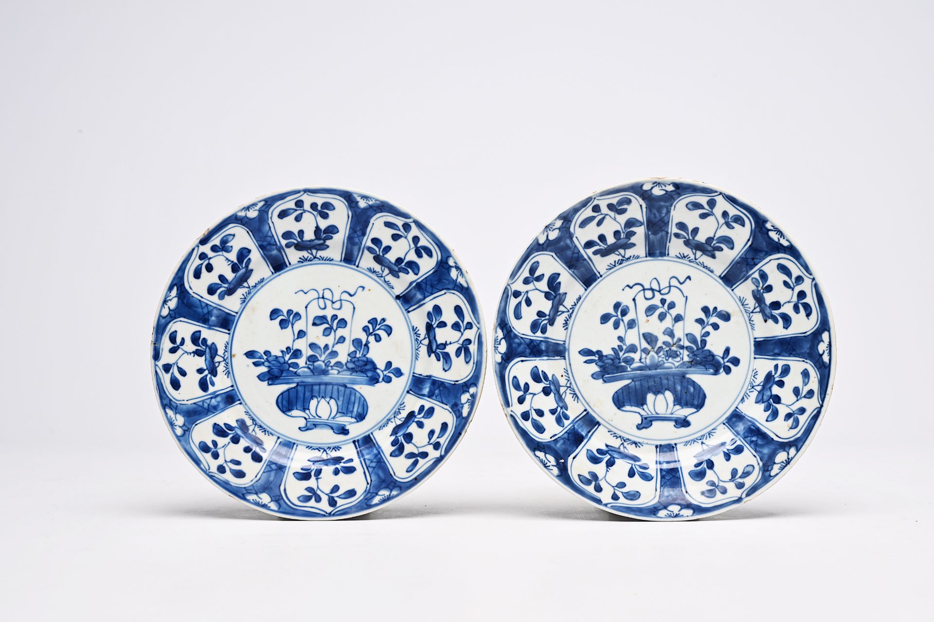 Five Chinese soapstone sculptures, three turquoise glazed lions and a pair of blue and white plates, - Image 23 of 24