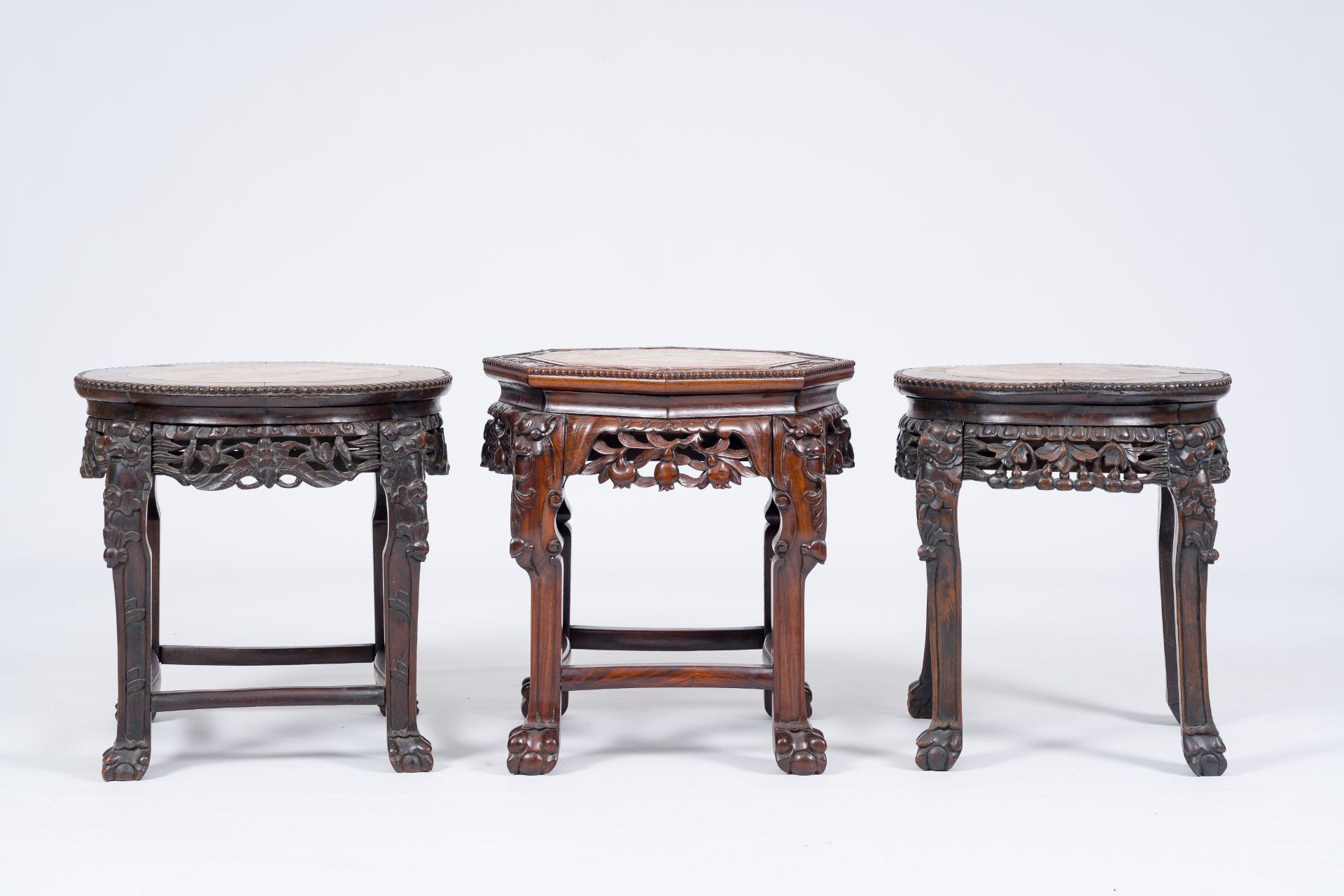 Three Chinese reticulated hardwood stands with marble tops, 20th C. - Image 2 of 7