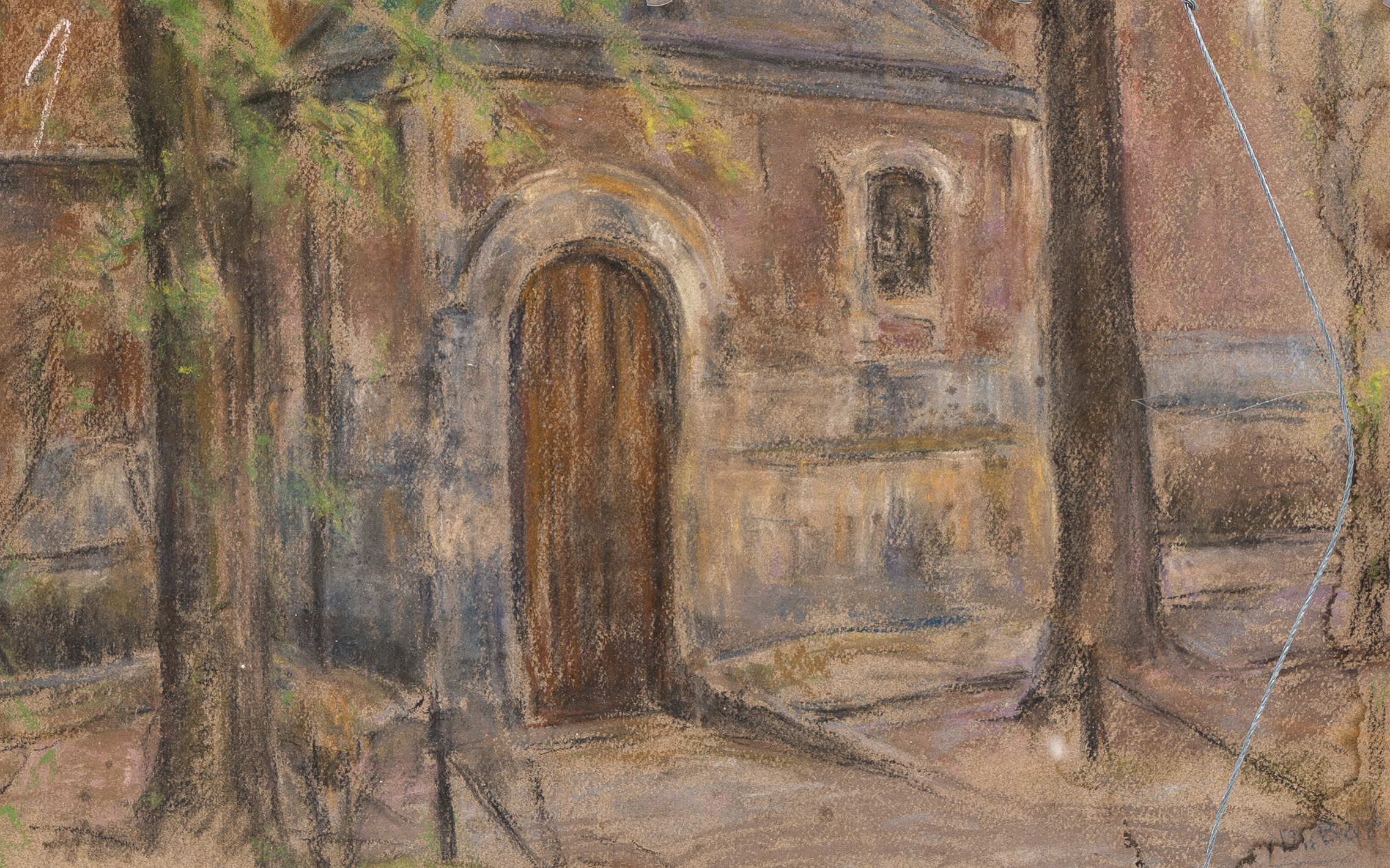 Louis Dubar (1876-1951): A pianist & A church entrance, pastel on paper (two-sided) - Image 4 of 6