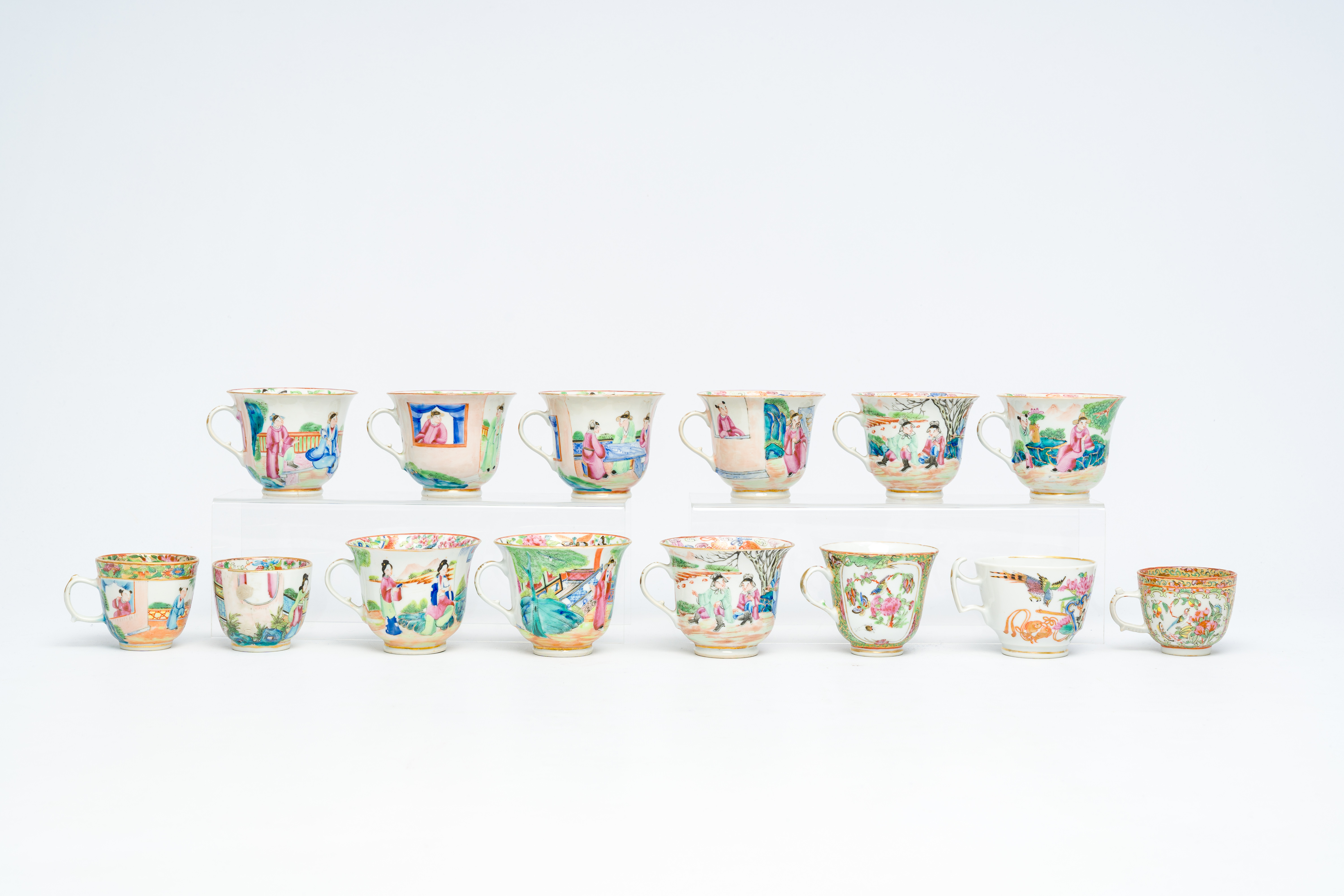 14 Chinese Canton famille rose cups and two saucers, 19th C. - Image 4 of 9