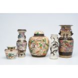 Five Chinese Nanking crackle glazed famille rose and verte vases with dragons, warrior scenes and pl