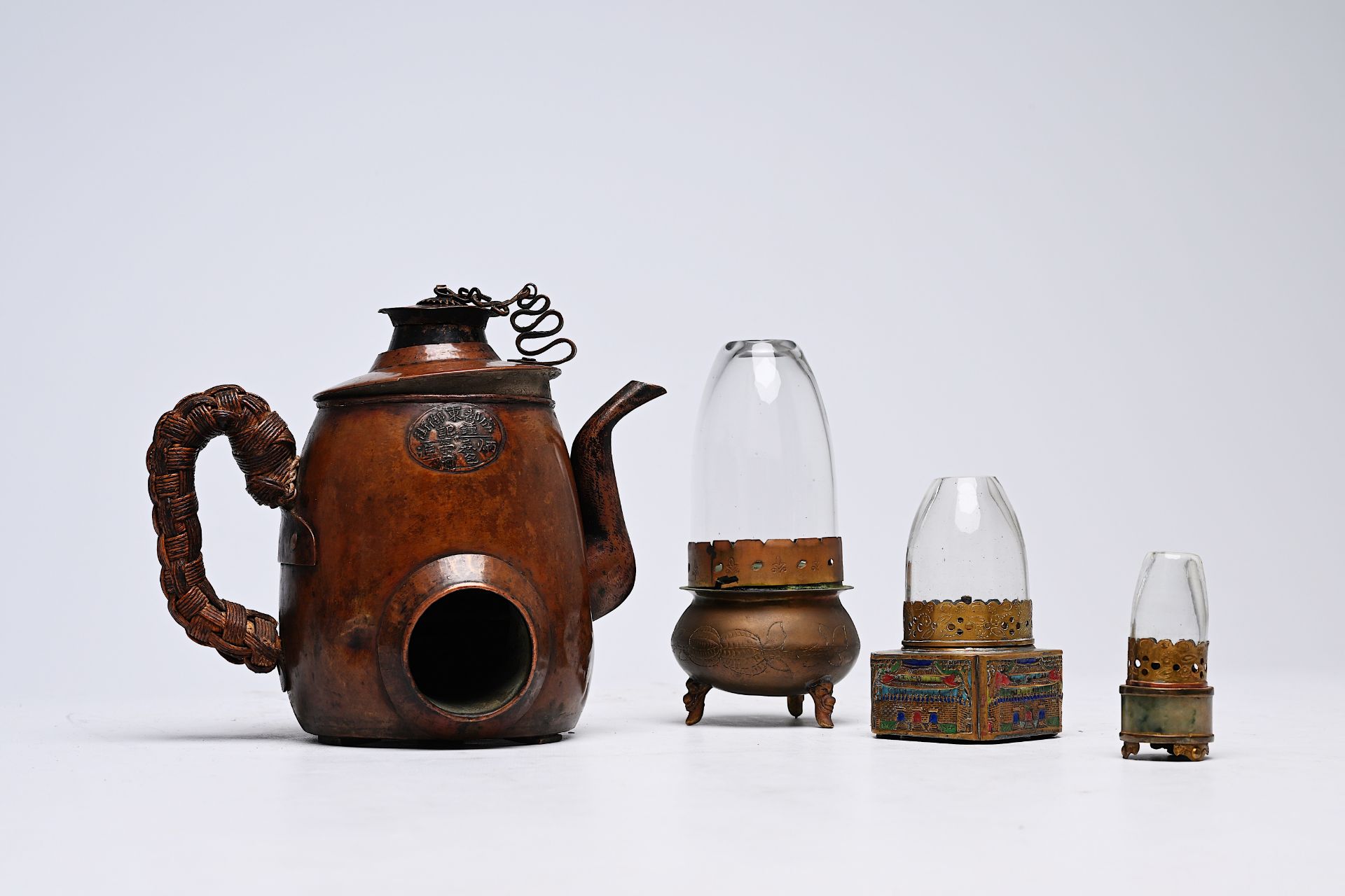 Three Chinese brass opium lamps and a wine warmer, Republic - Image 2 of 9