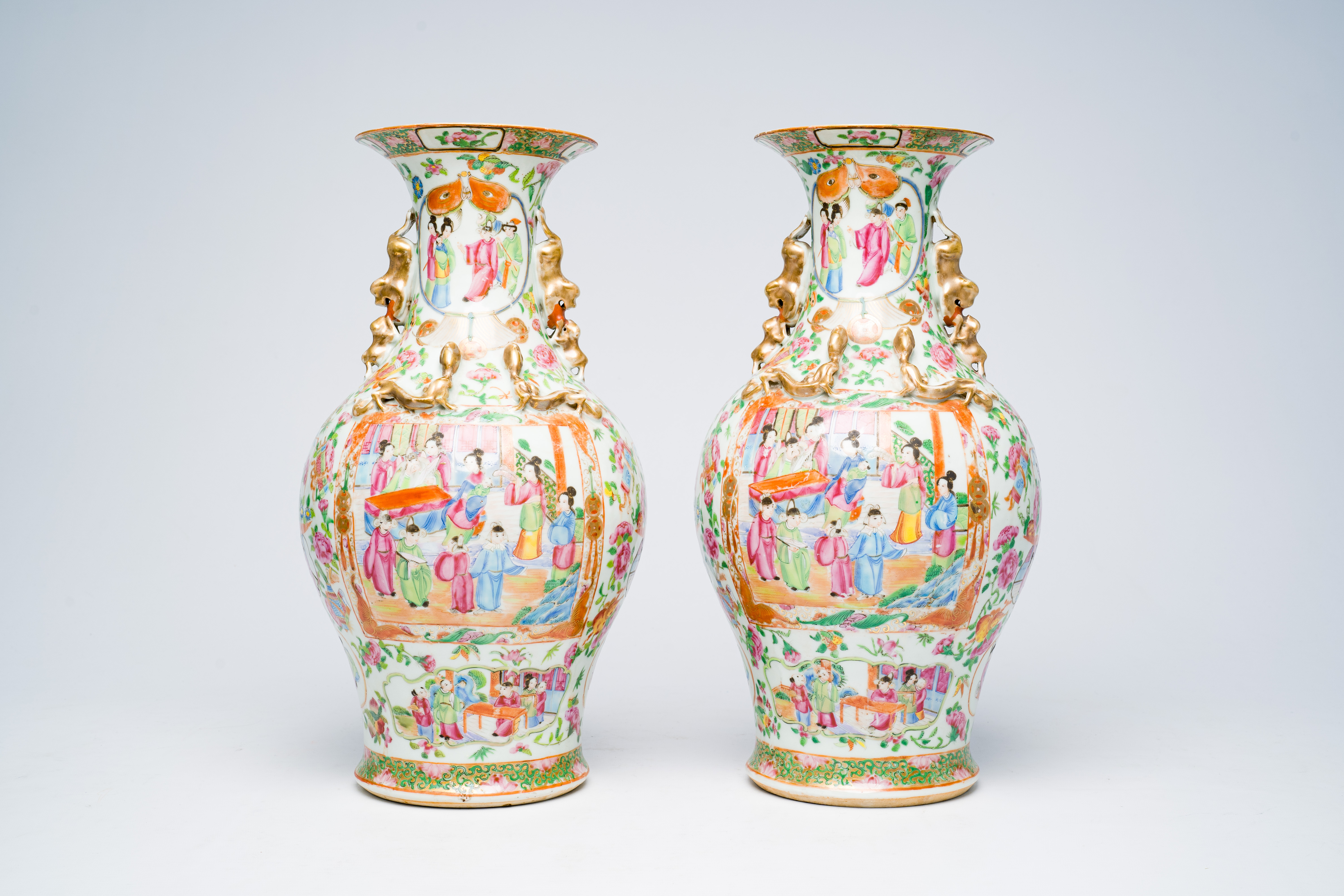 A pair of Chinese Canton famille rose vases with palace scenes, floral design and antiquities, 19th - Image 2 of 28