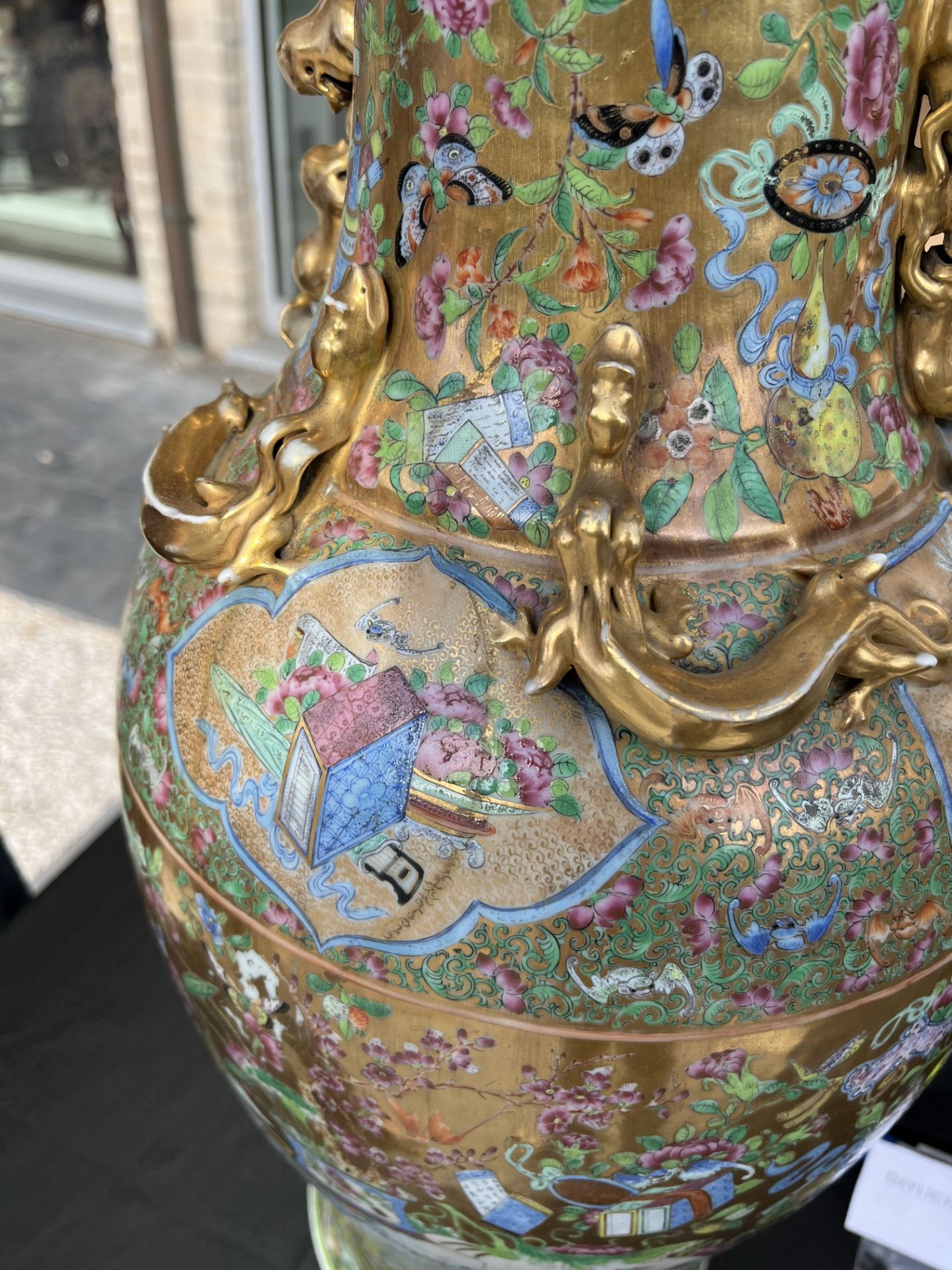 A pair of Chinese Canton famille rose gold ground vases with birds and butterflies among blossoming - Image 53 of 60