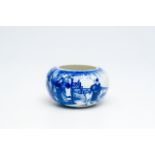 A fine Chinese blue and white brush washer with an animated scene all around, Kangxi mark, 19th C.