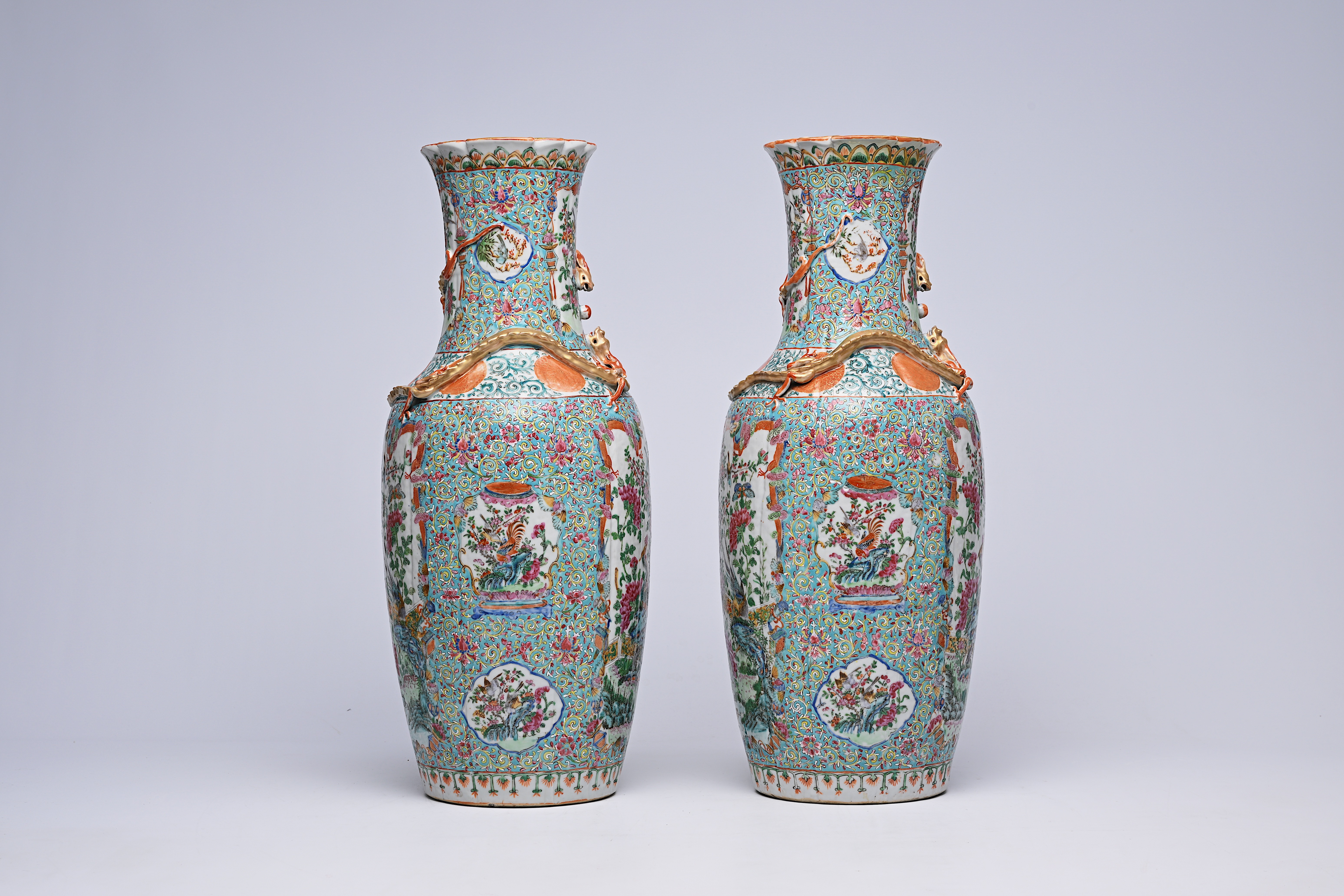 A pair of Chinese Canton famille rose turquoise ground vases with birds among blossoming branches, 1 - Image 4 of 8