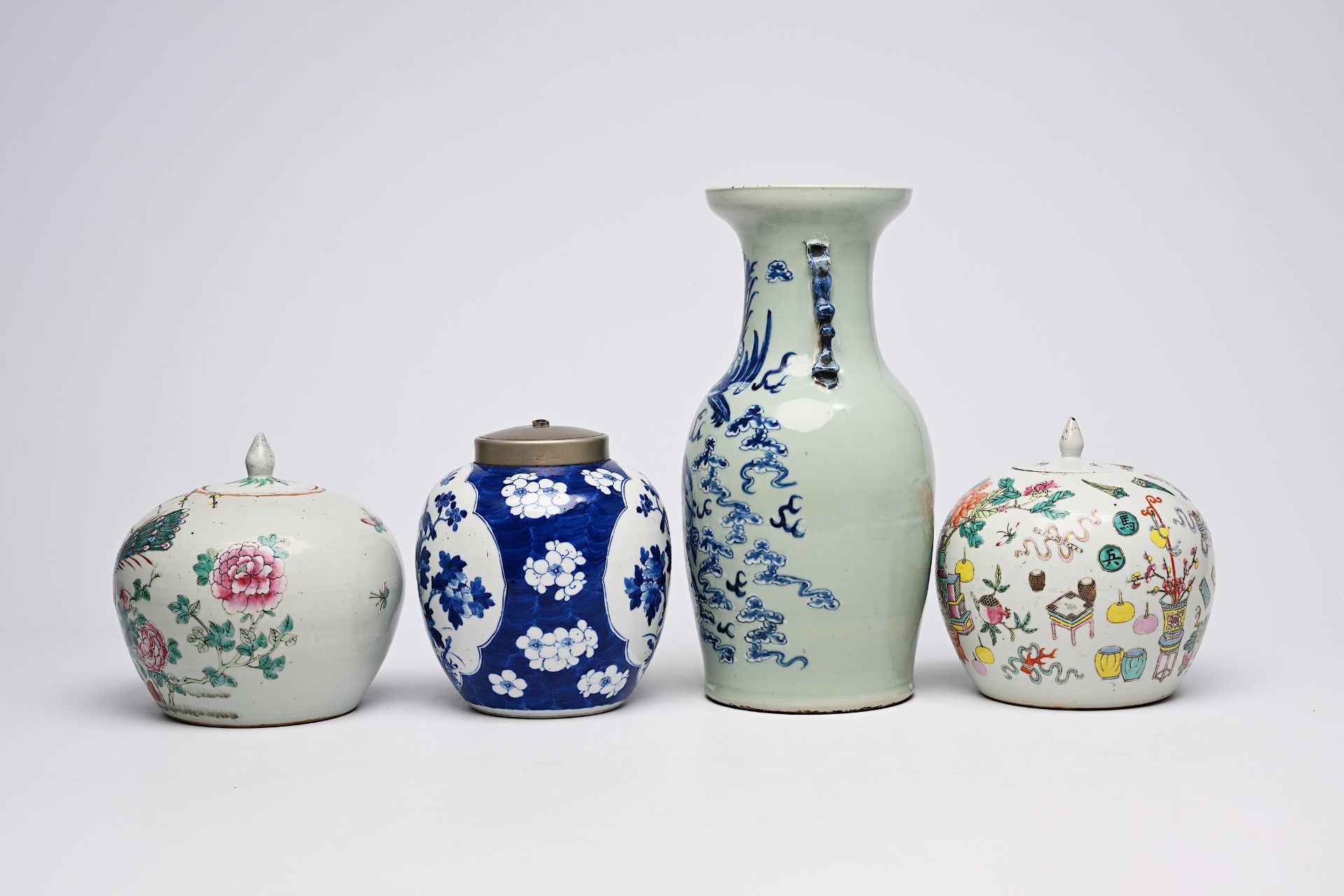 A Chinese blue and white celadon ground 'qilin and phoenix' vase and three famille rose, blue and wh - Image 4 of 12