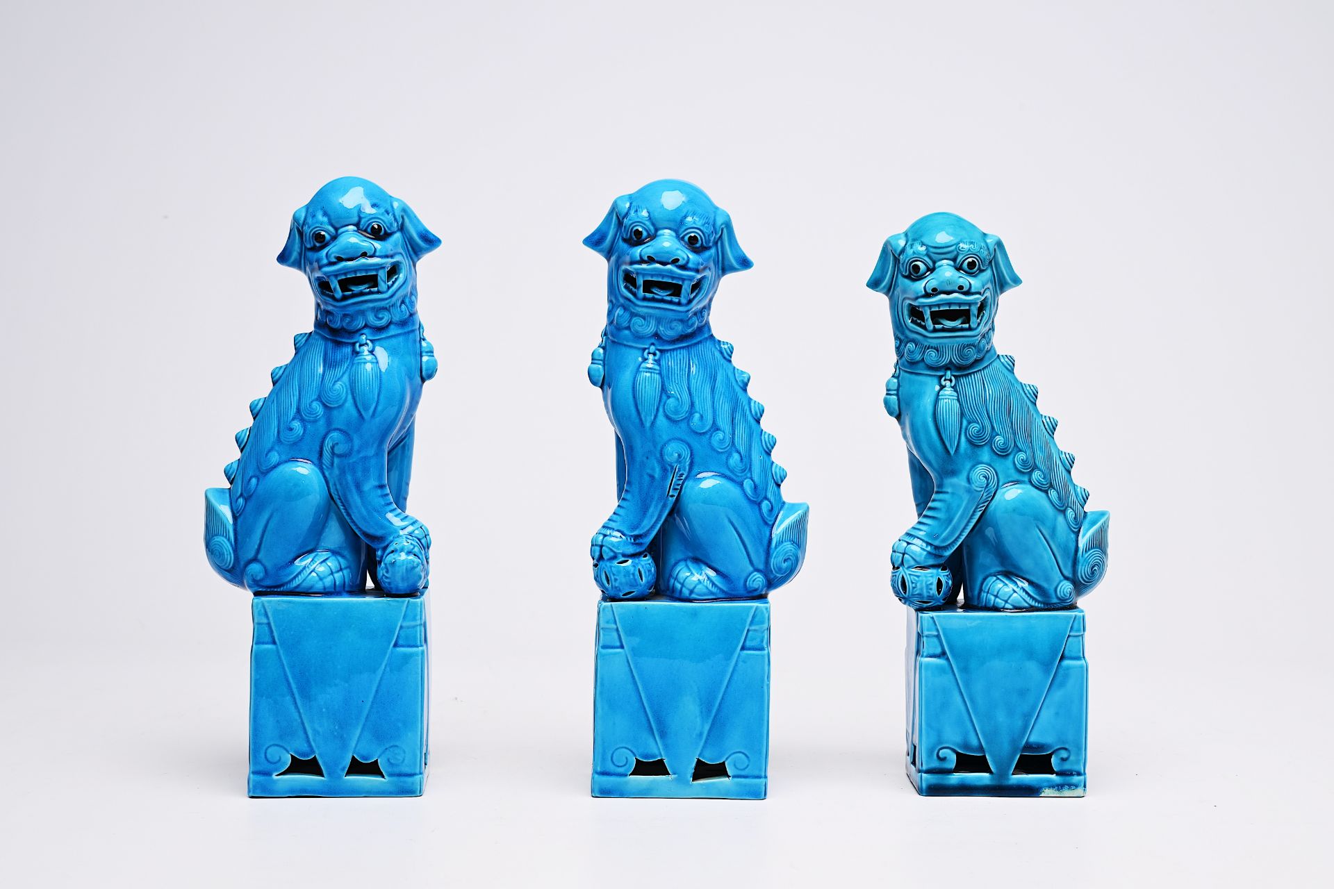 Five Chinese soapstone sculptures, three turquoise glazed lions and a pair of blue and white plates, - Image 16 of 24