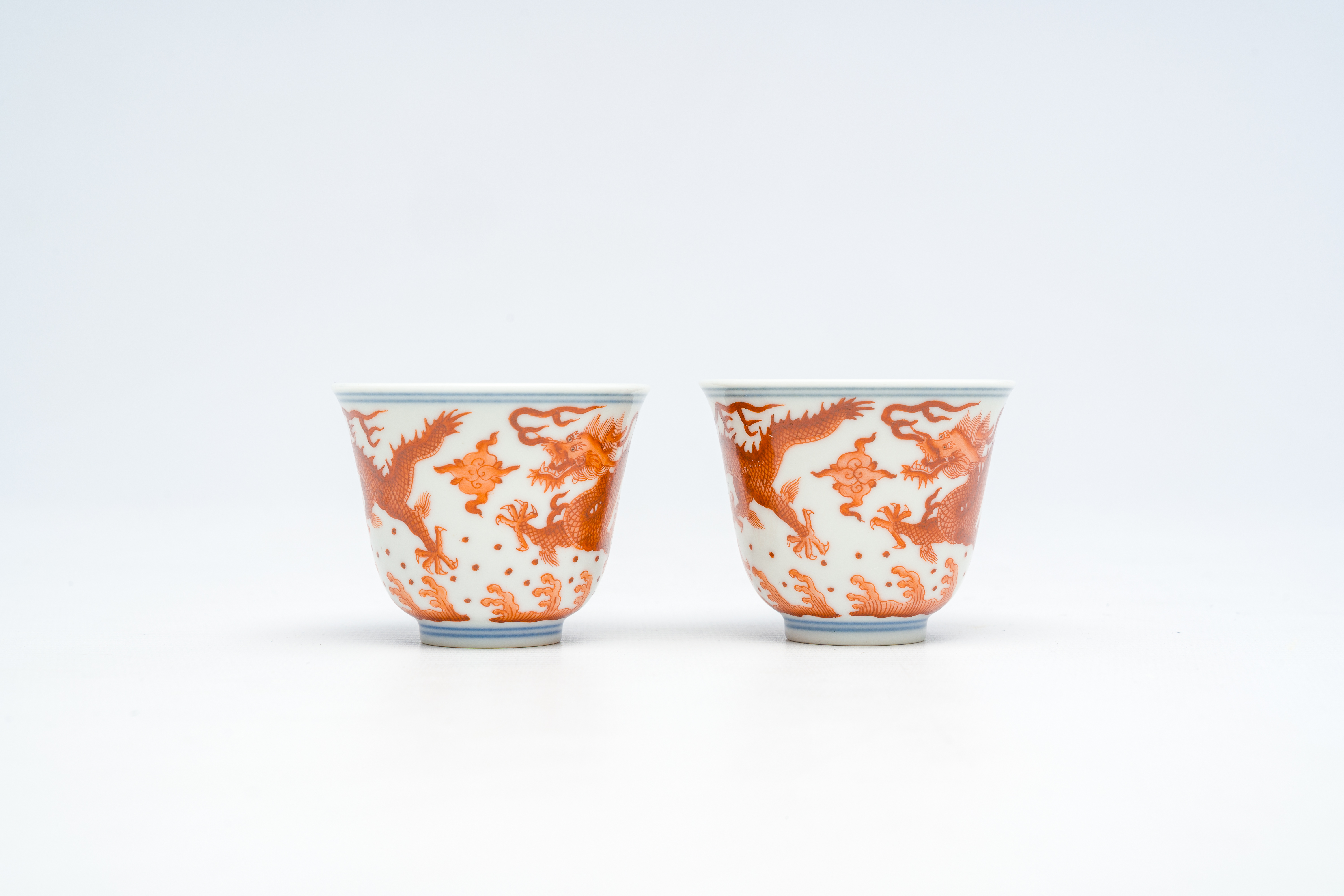 A pair of Chinese blue, white and iron-red 'dragons chasing the pearl' cups, Guangxu mark, 19th/20th - Image 8 of 14